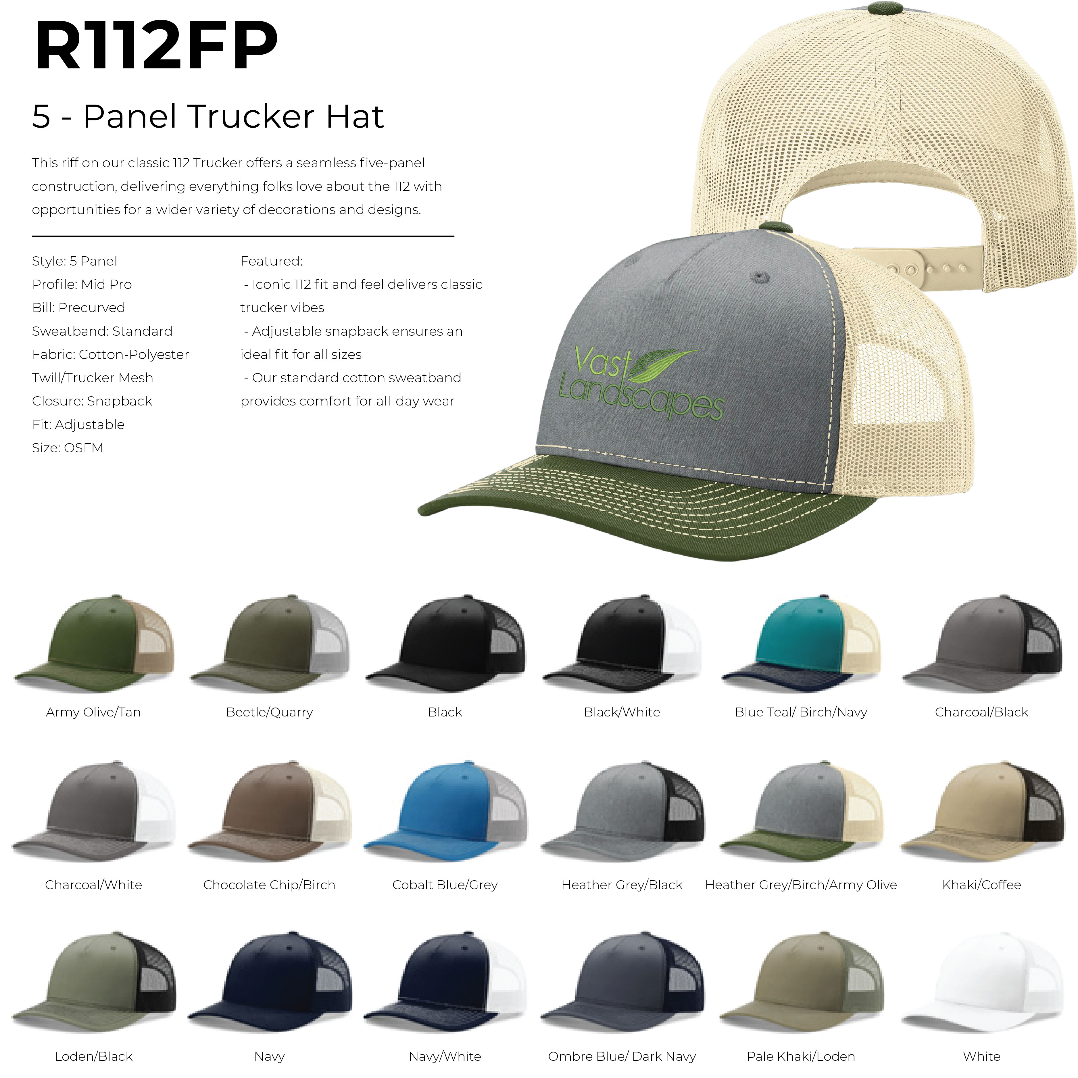 Richardson 112FP 5-Panel Snapback Trucker Hat w/Leatherette Adhesive Patches or Embroidery 72