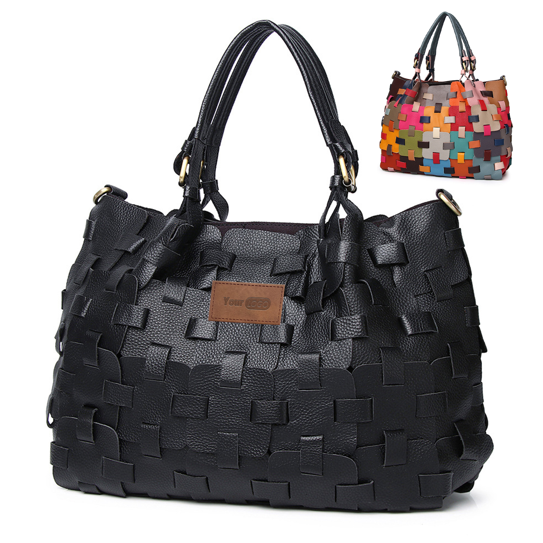 Genuine Leather Colourful square-paneled tote bag, custom tote bag with logo imprint 3