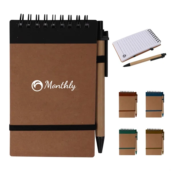 5. 5" Kraft Paper Mini Pocket Spiral Notebook W/ Pen