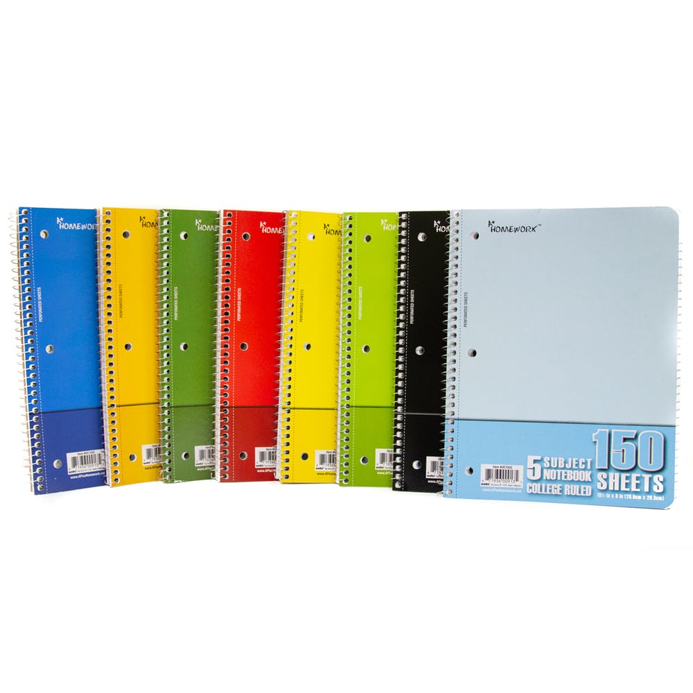 5 Subject College Ruled Spiral Notebook - 150 Sheets 8 Cover Colors