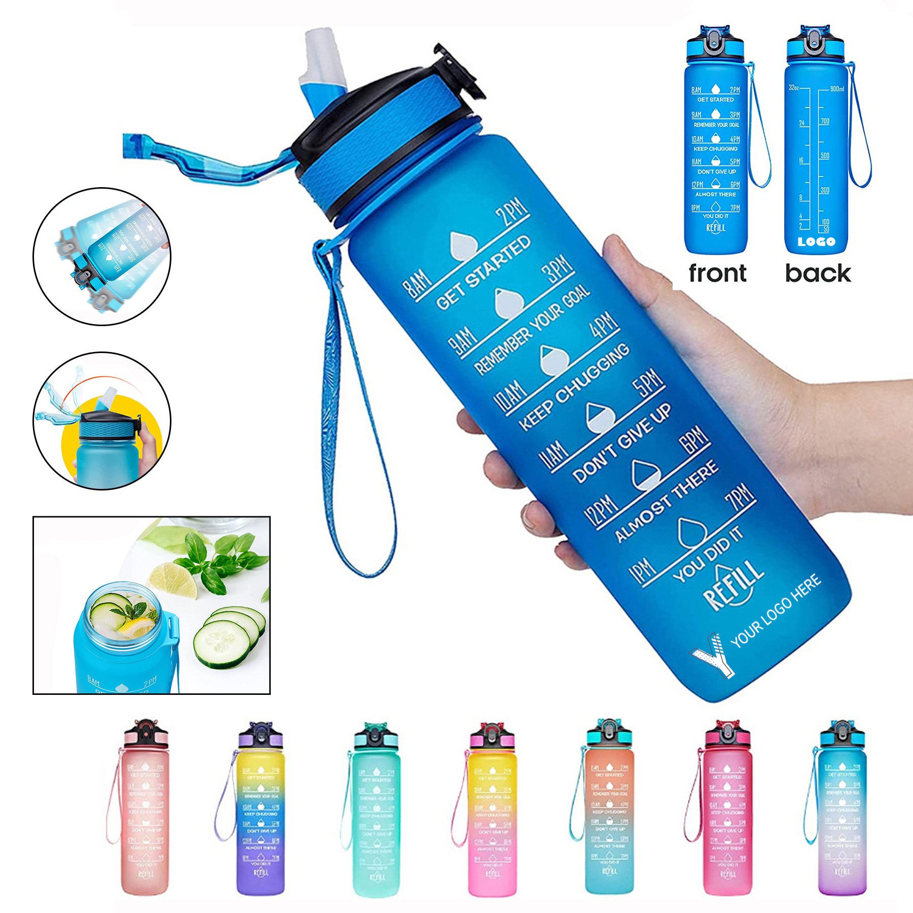 32 OZ Motivational Water Bottle With Time Mark