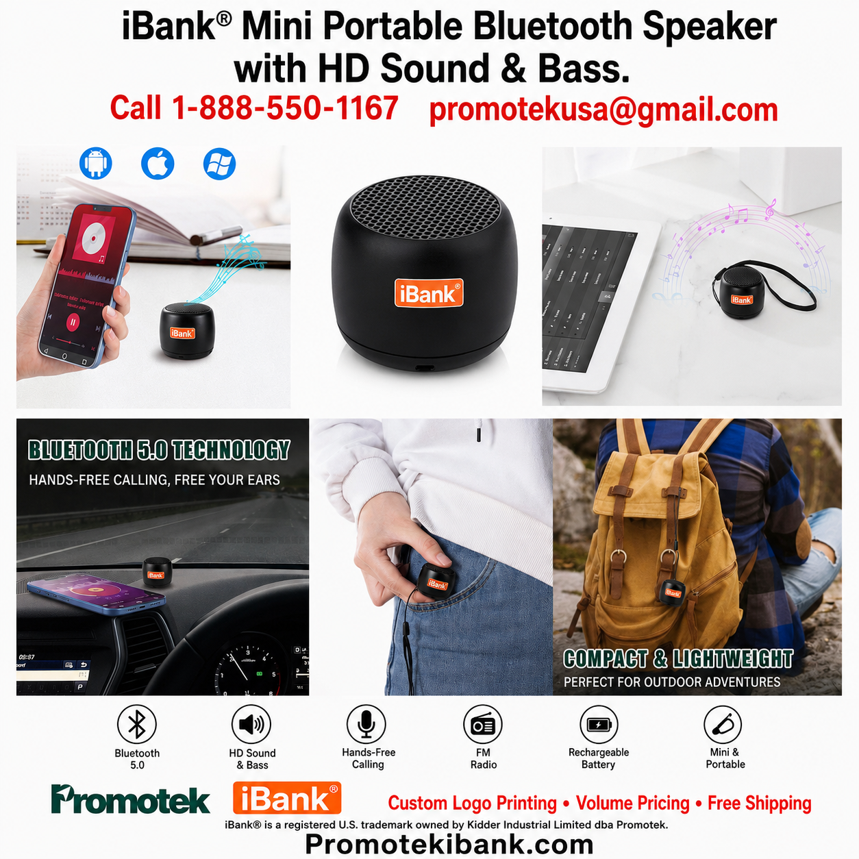 iBank ® Mini Portable Bluetooth Speaker with HD Sound & Bass