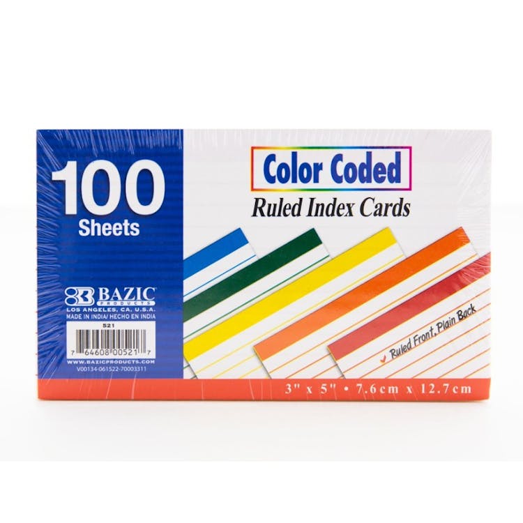 Index Cards - Ruled Color-Coded 100 Sheets 5 Colors