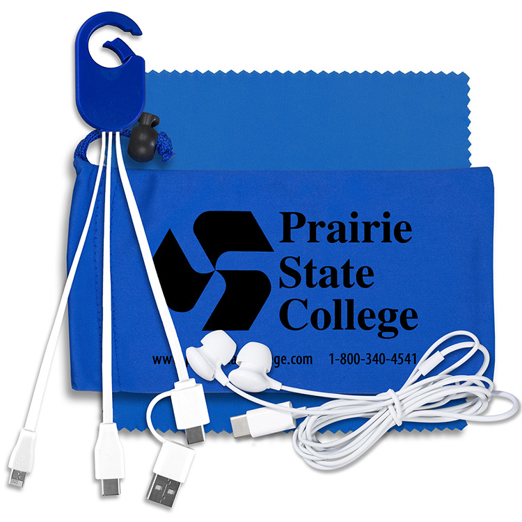 Mobile Tech Charging Kit with Earbuds in Microfiber Cinch Pouch Components inserted into Microfiber 13