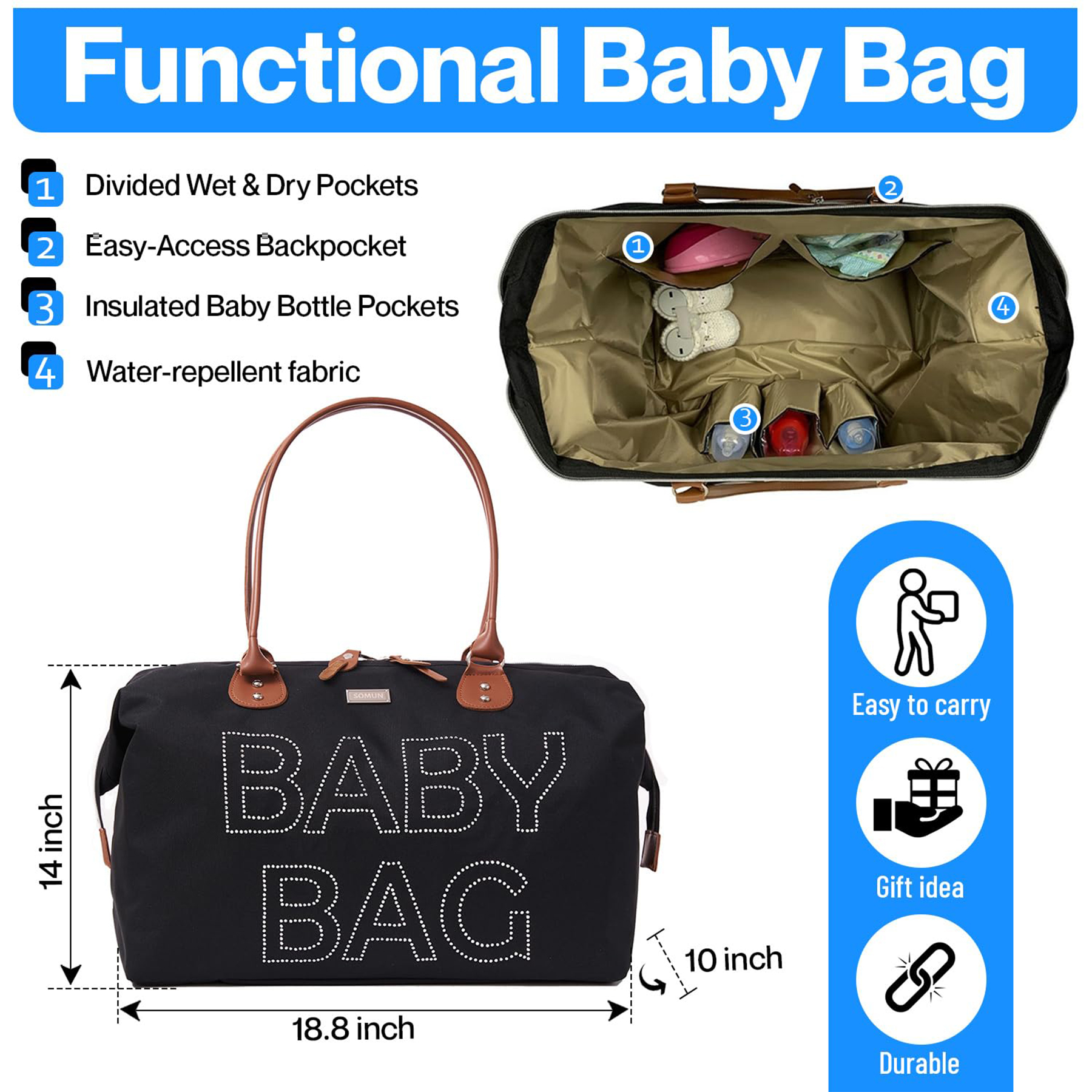Polyester Baby Diaper Hospital Tote Duffelbag black 5