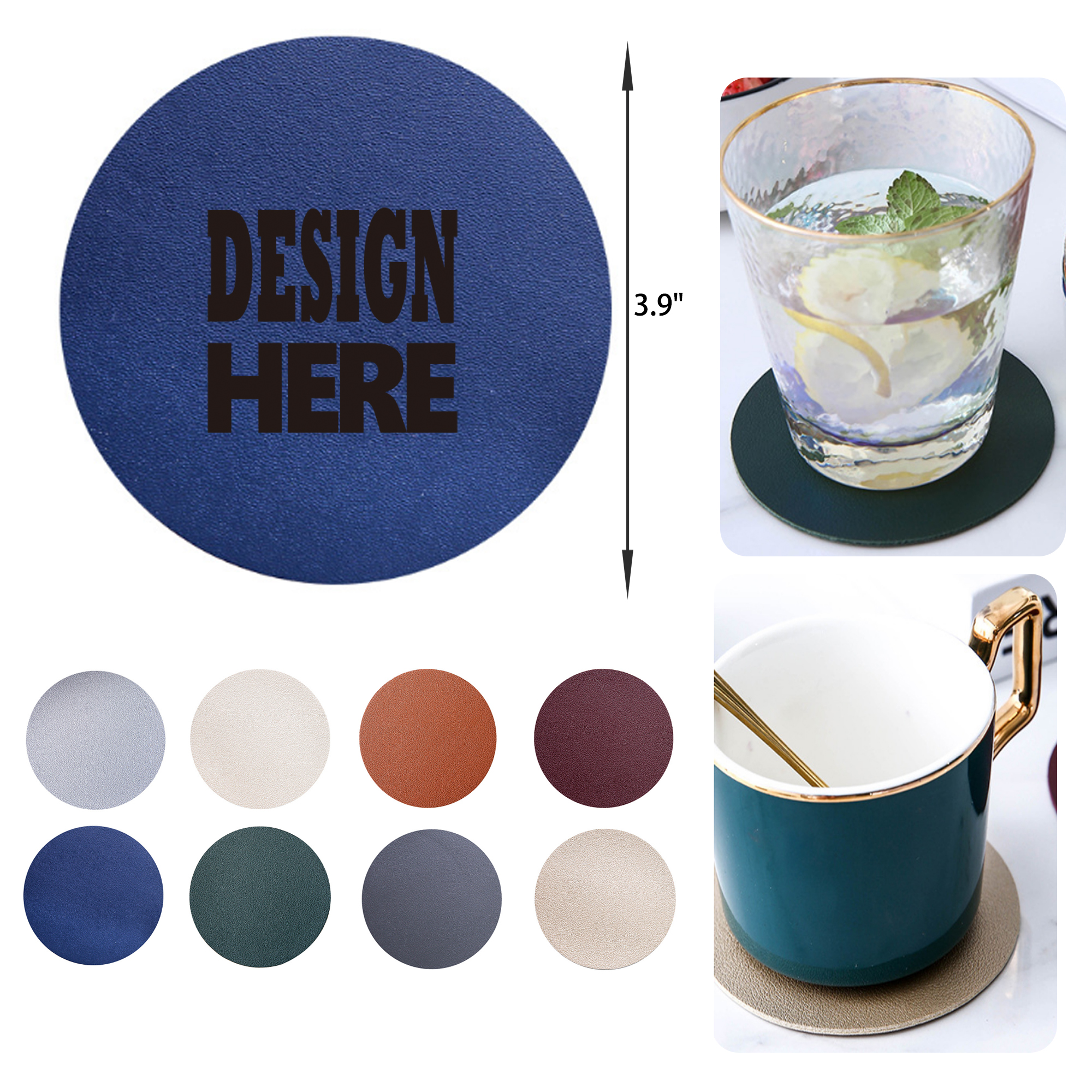 MOQ 50 PCS Stylish Solid Color Round PU Leather Coaster