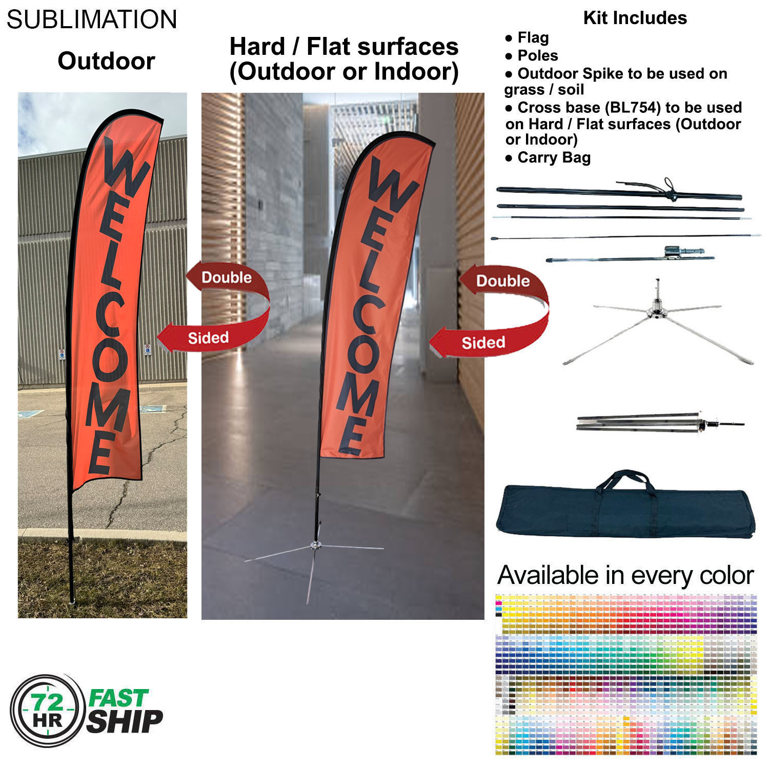 72Hr Fast Ship - 10' Small Feather Flag Kit, Full Color Graphics Double Sided, Outdoor & Indoor base 7
