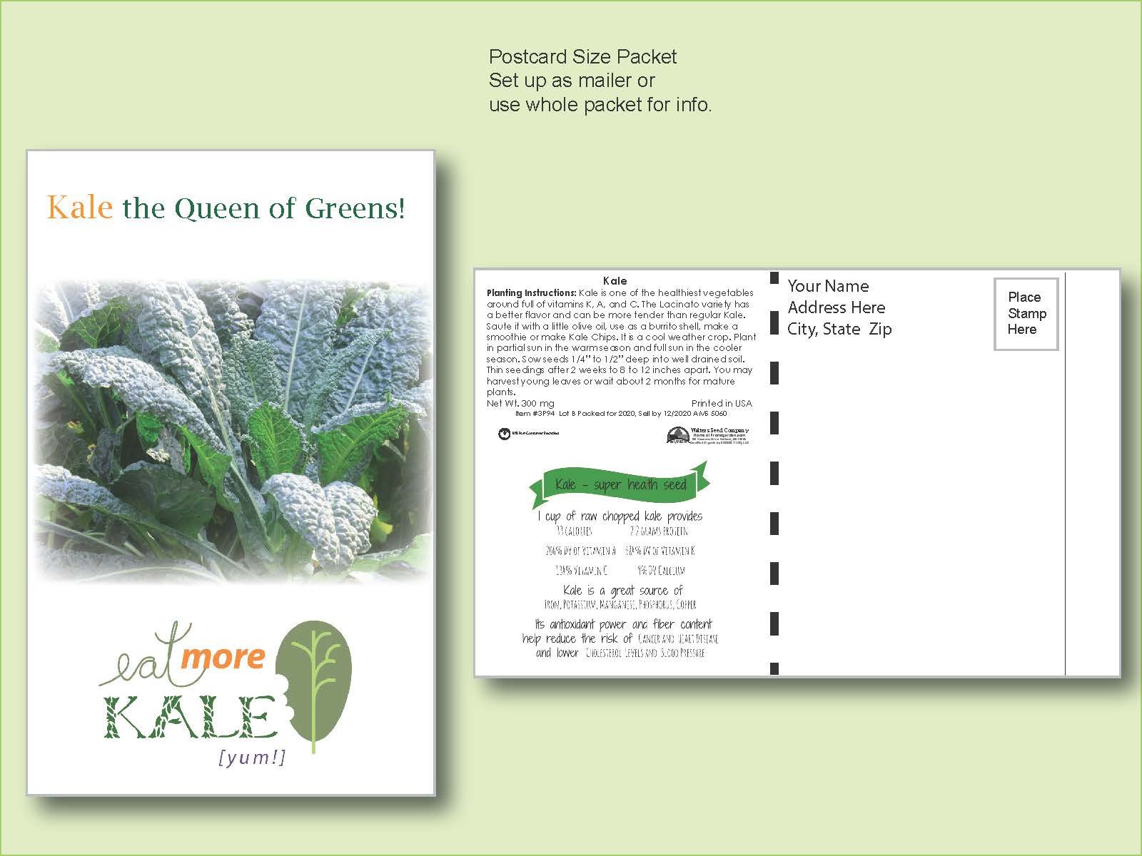 Kale Seed Packet - Postcard Mailer Size 4" x 6.5"
