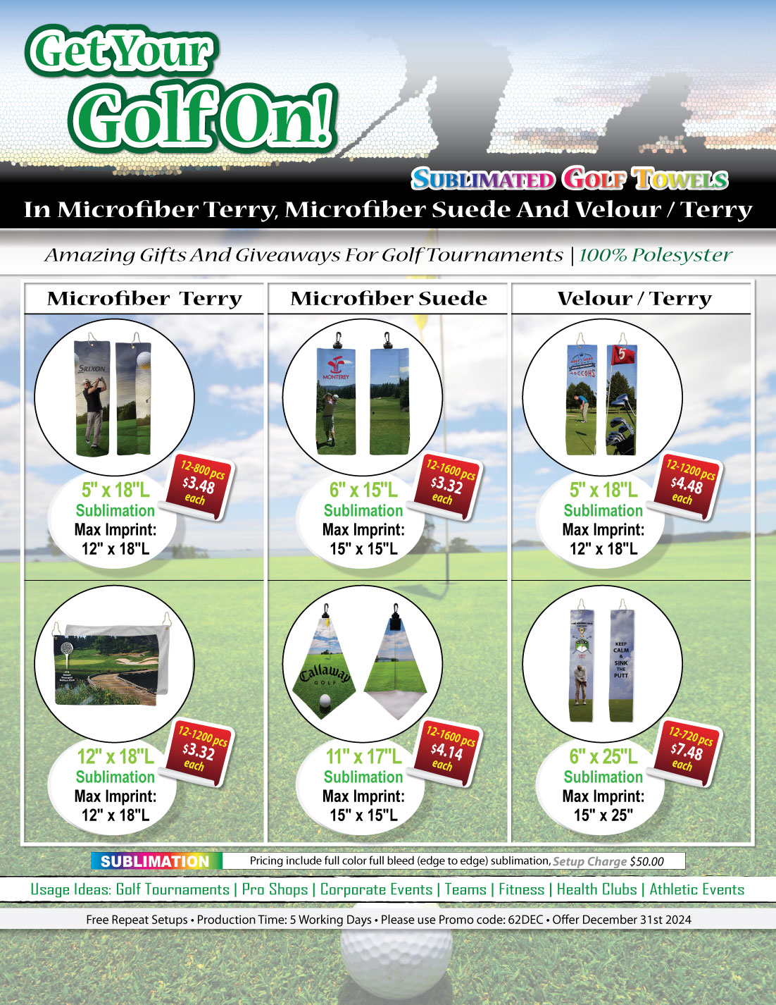 Microfiber Dri-Lite Terry Golf Towel, Finished size 5x18, Trifold Grommet & Hook, Sublimated 12