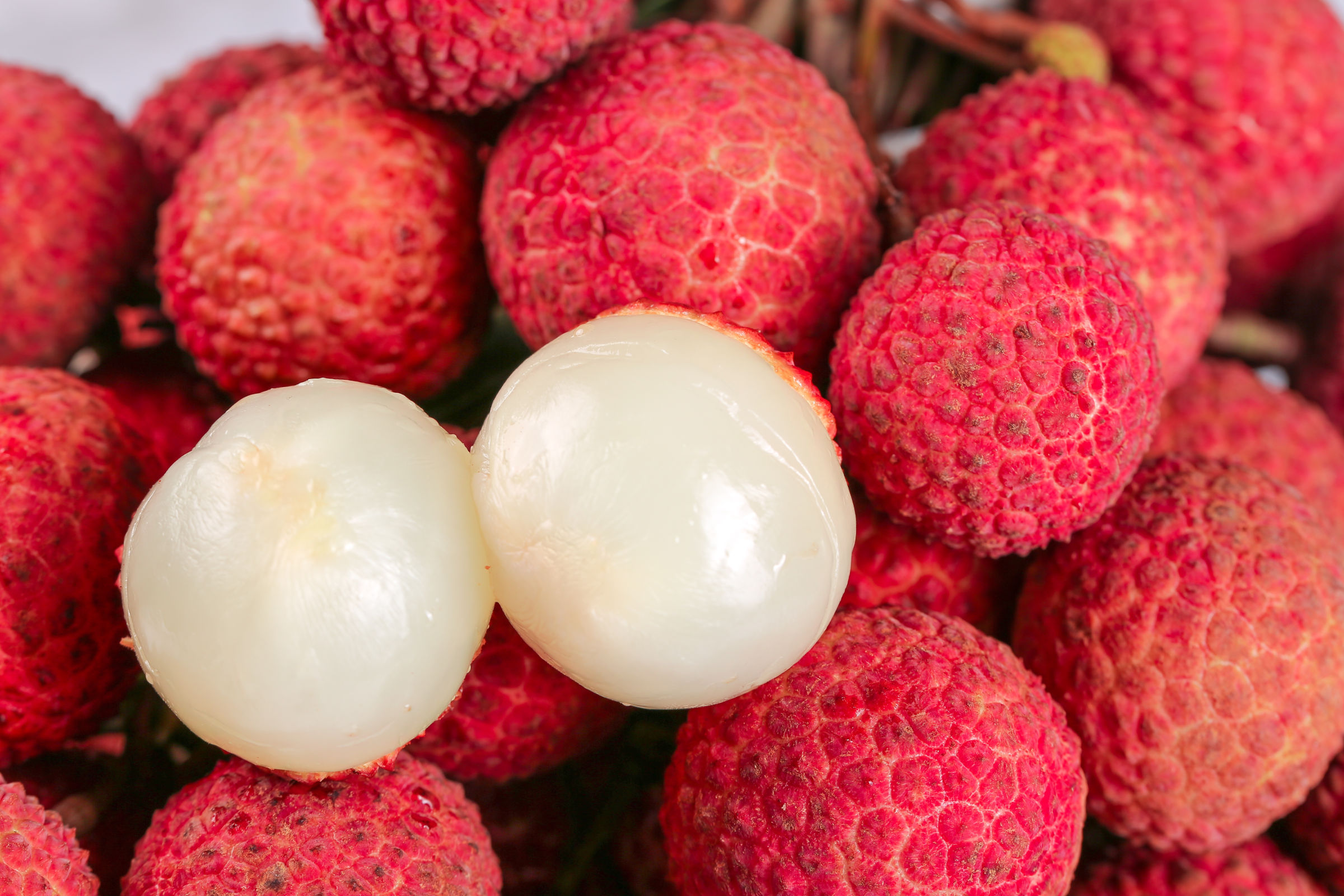 Close up of litchinut texture, together with 2 opened litchinuts showing the white flesh