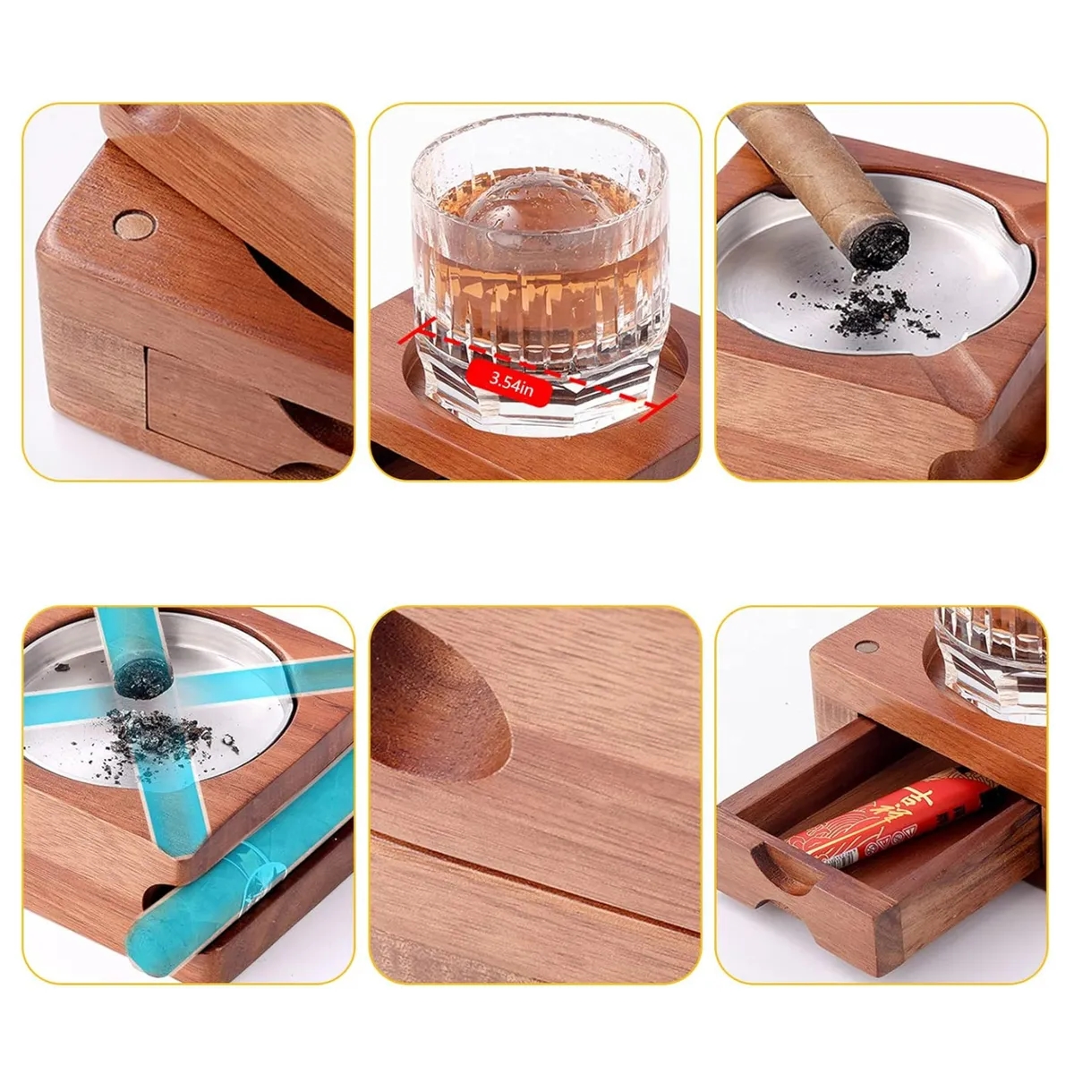 Wood Cigar Ashtray With Whiskey Glass Holder And Drawer 16