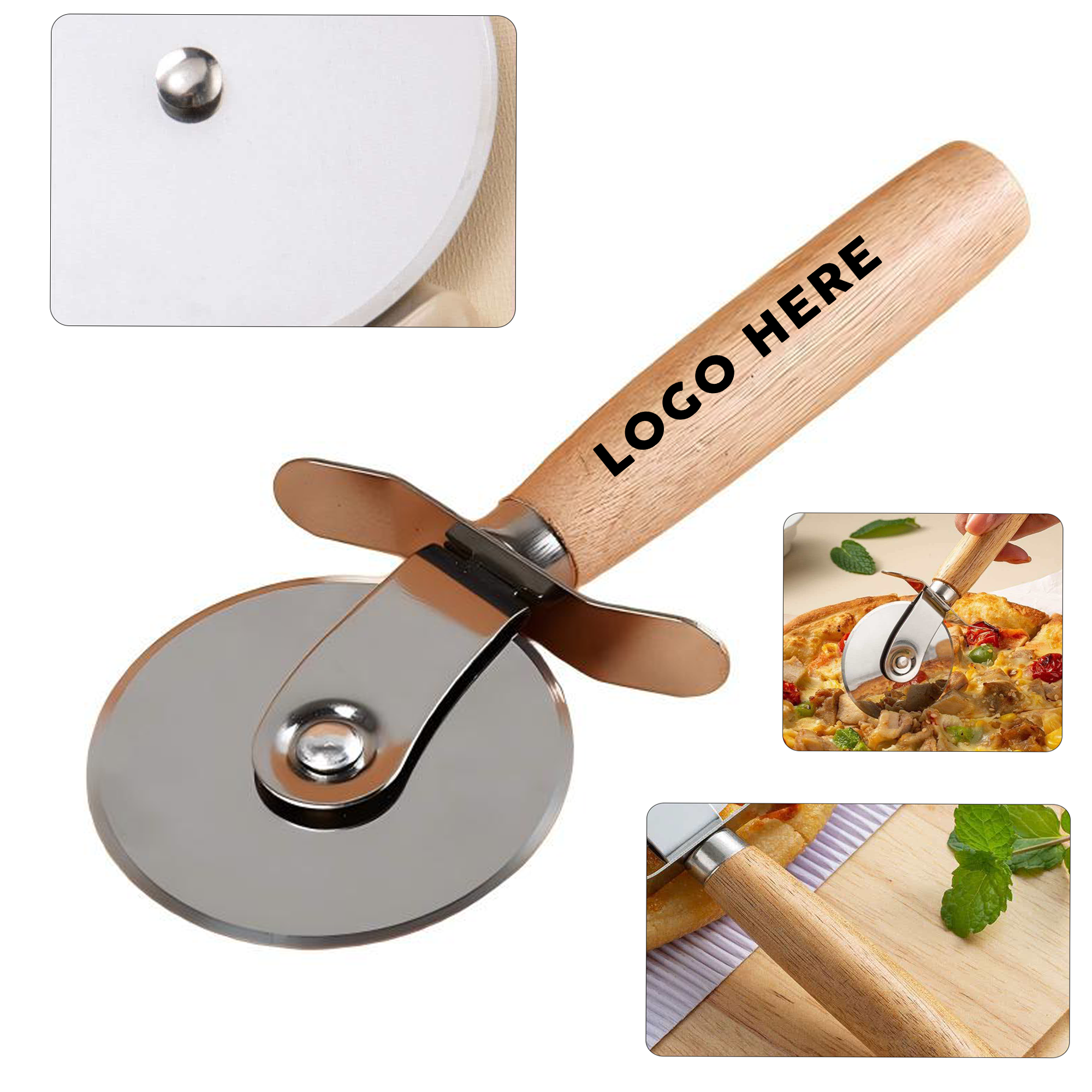 Rotary Wheel Pizza Slicer with Natural Wood Grip 2