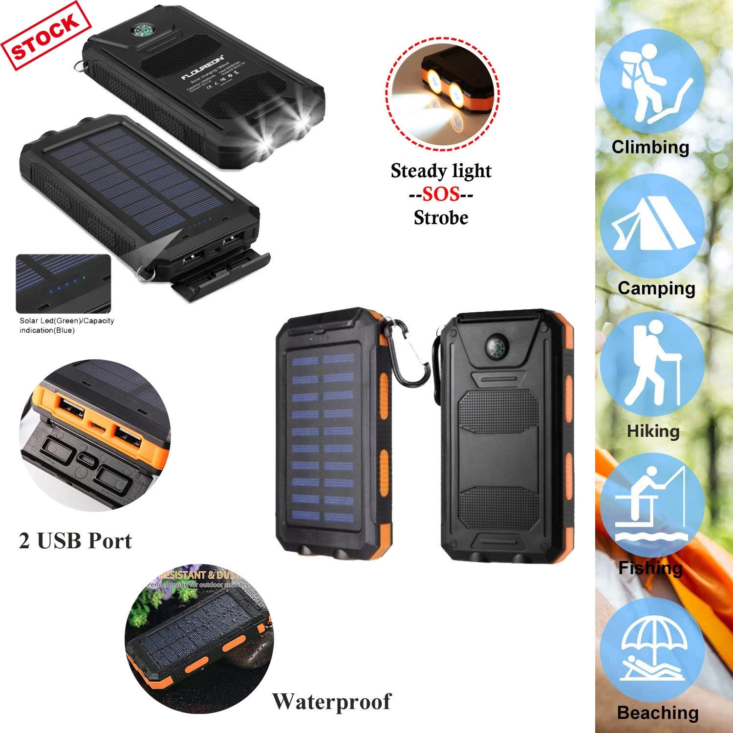 Quick Shipping 10,000mAh Waterproof Solar Power Bank 12