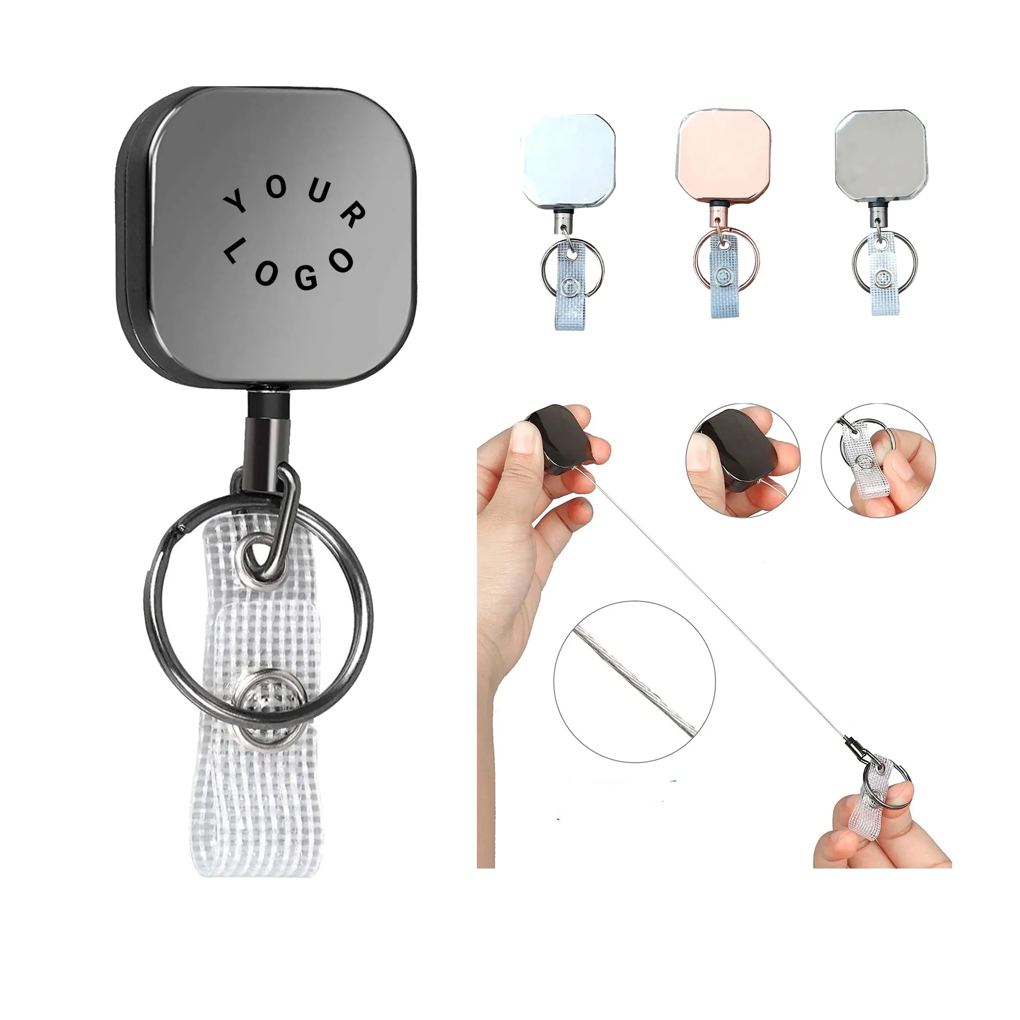 Square Zinc Alloy Retractable Keychain with Steel Cable
