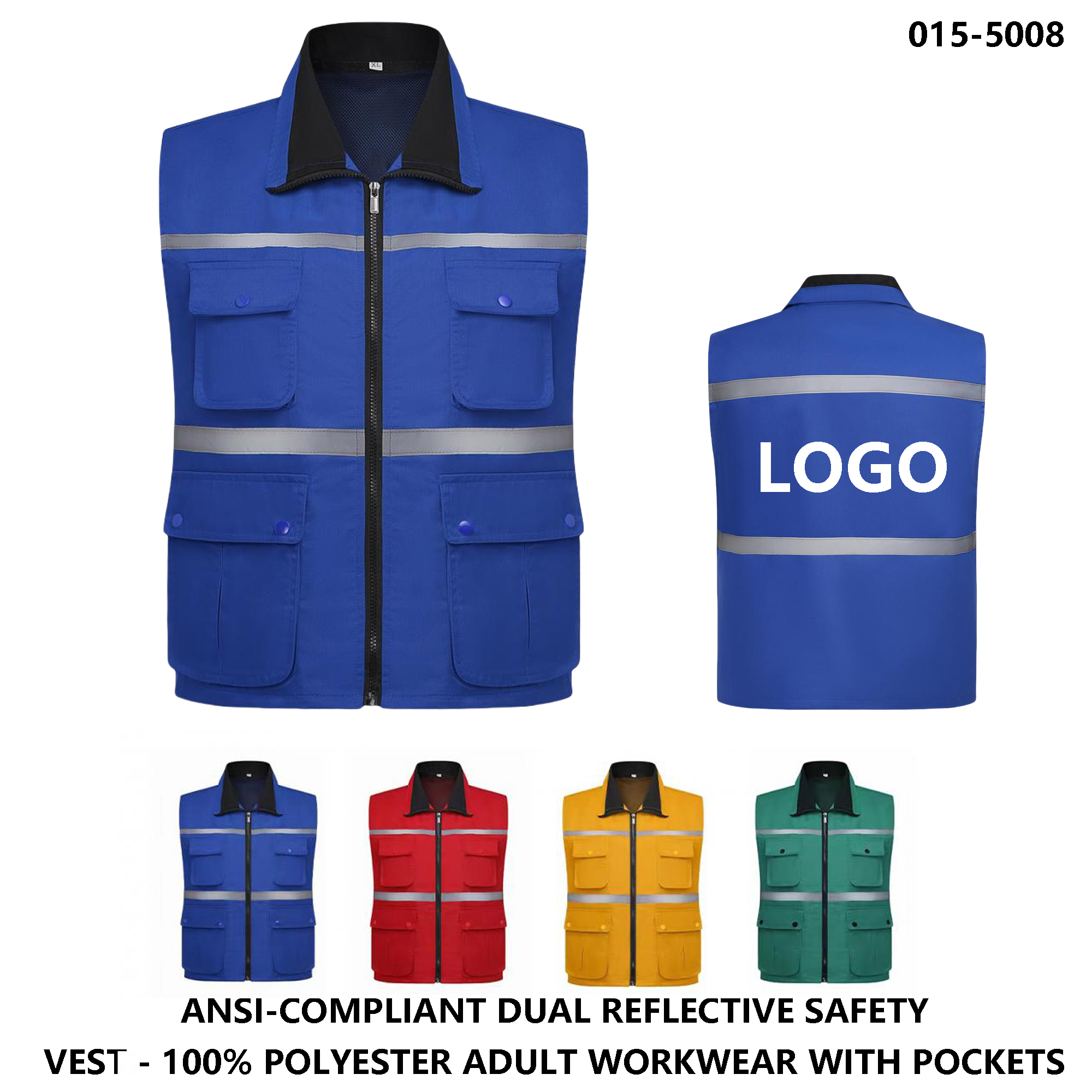 Adult Work Vest ?C Dual Reflective Strips & Four Pockets, Logo Custom 3