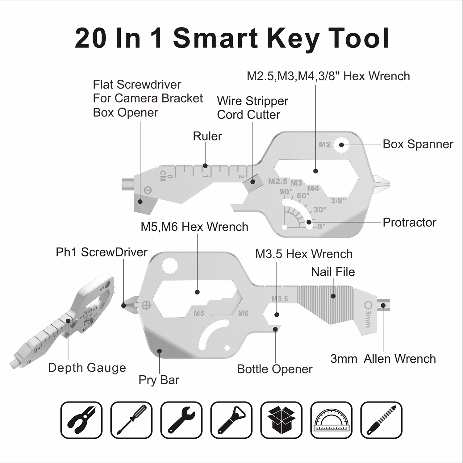 GearCard 20-in-1 Smart Key Multi-Tool – Stainless Steel EDC Keychain Tool with Wrenches & Openers 3