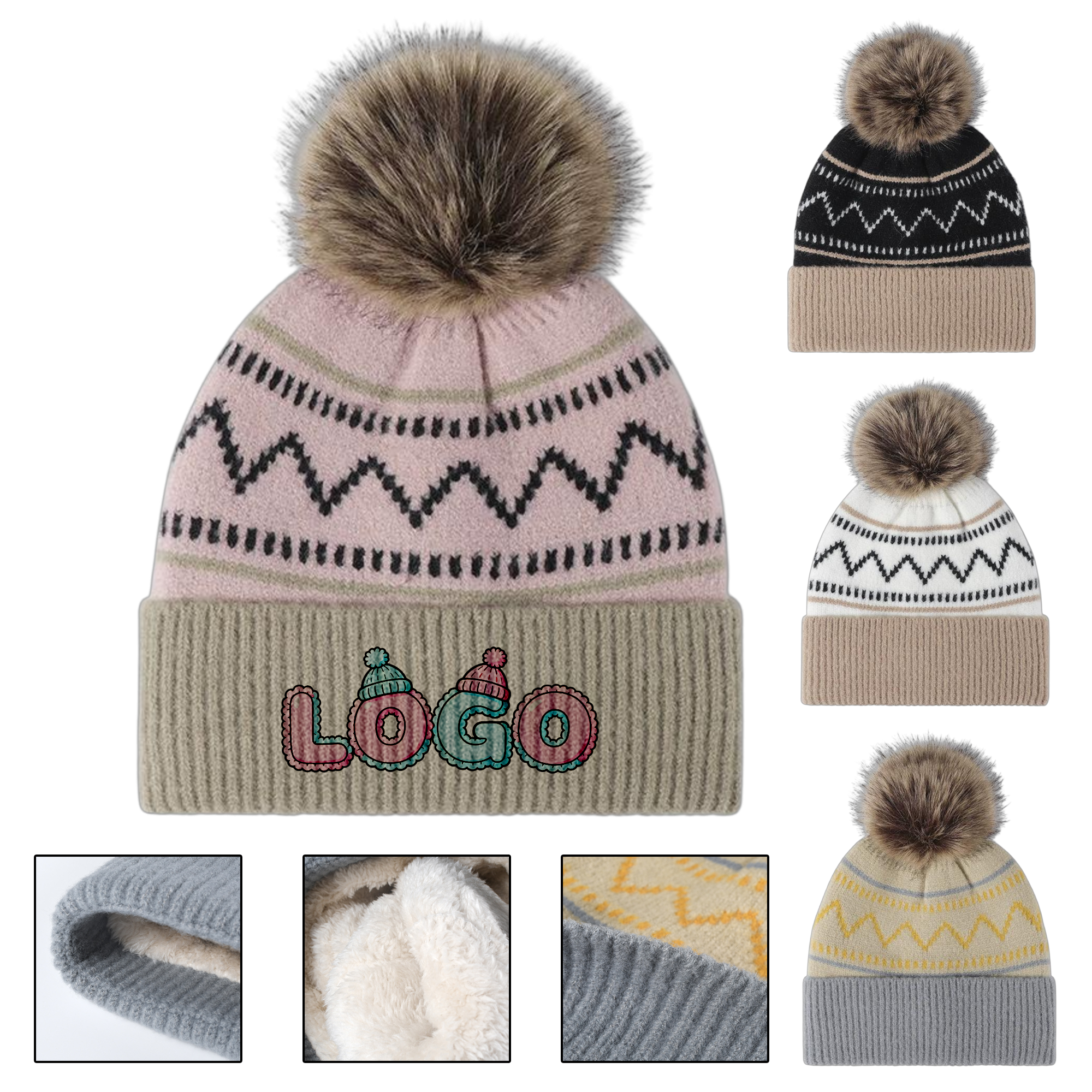 Color Blocked Striped Winter Fleece Lined Pom Hat 6