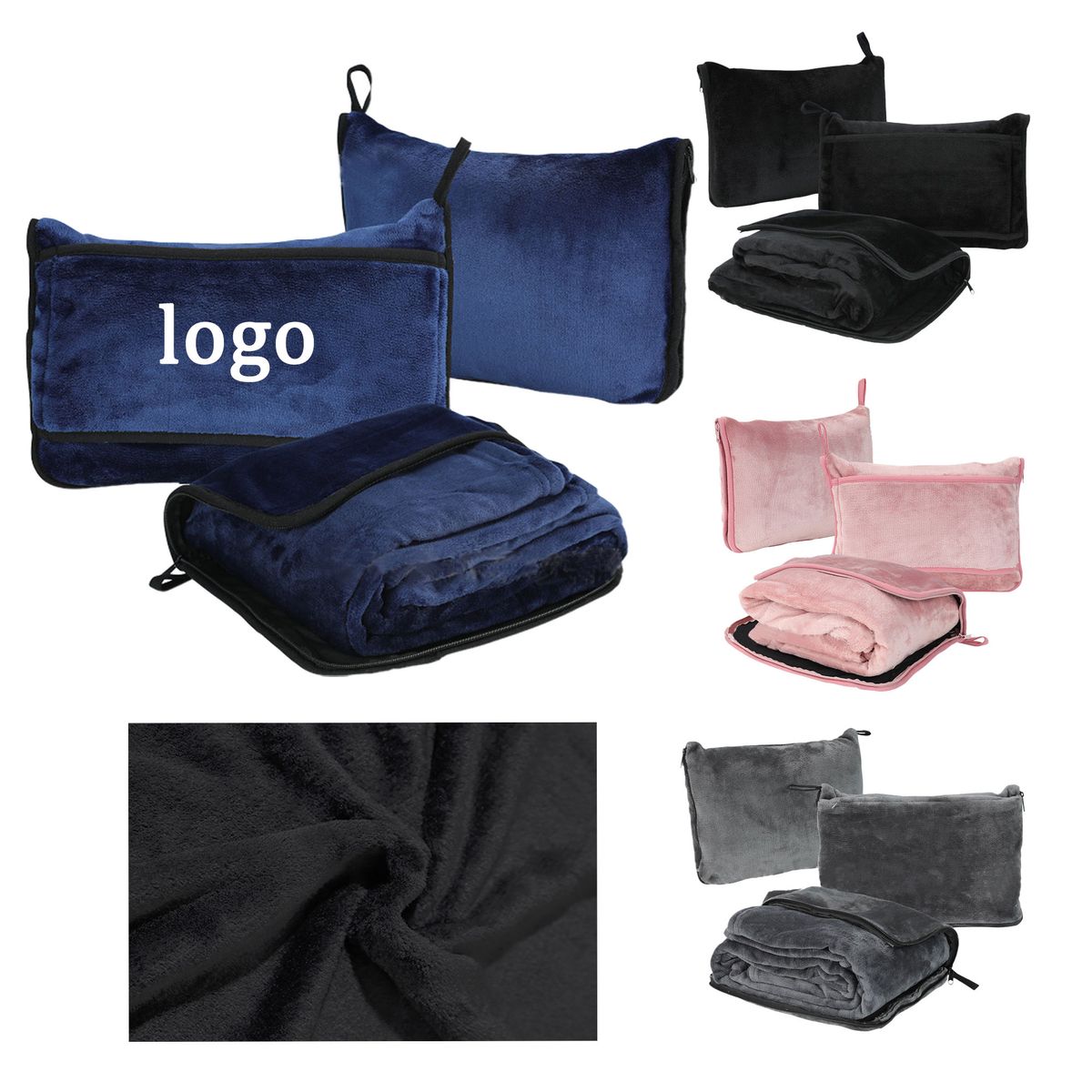 MOQ 30 Flannel Folding Travel Blanket Pillow 43.5"L x 61"W