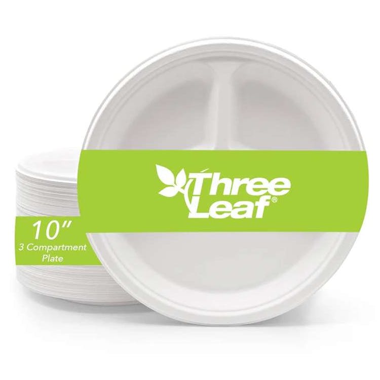 Three Leaf 10" 3 Compartment Bagasse Round Plates 25 Pack 3