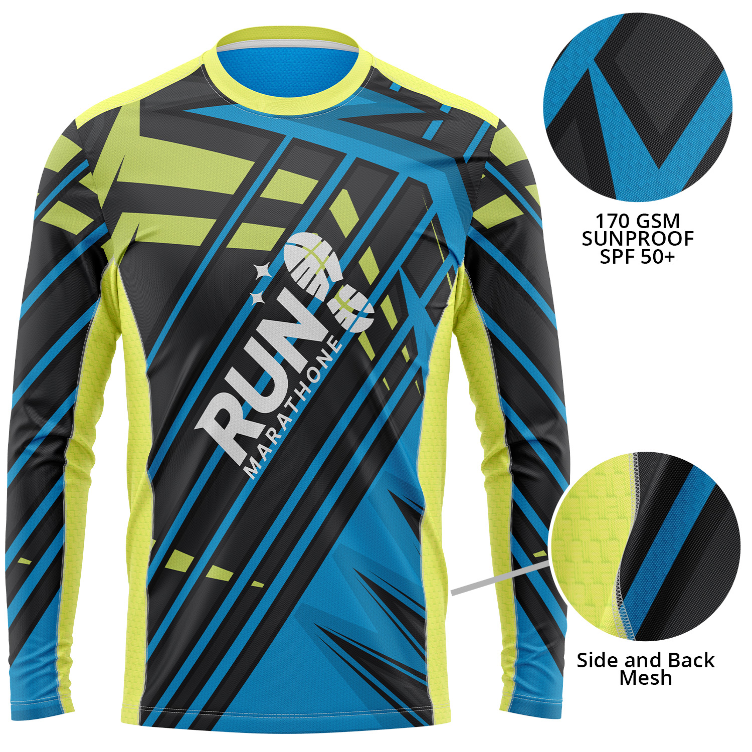 Unisex 170 GSM Sunproof SPF 50+ Sublimation Long Sleeve Fishing T Shirt w/ Side & Back Mesh