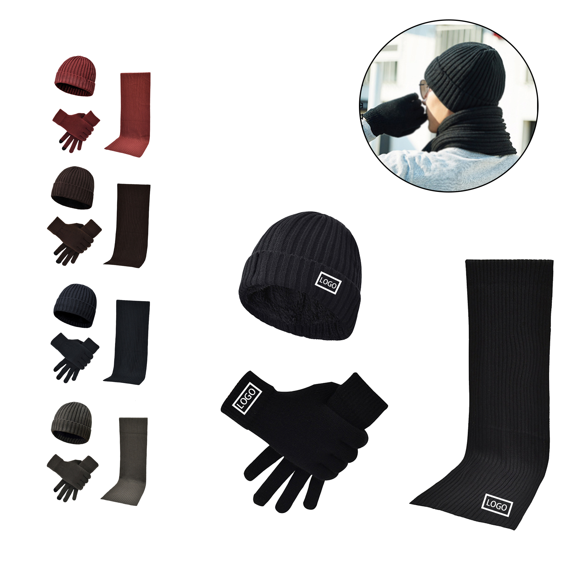MOQ:5pcs Warm Knit Scarf Gloves Hat Set 3