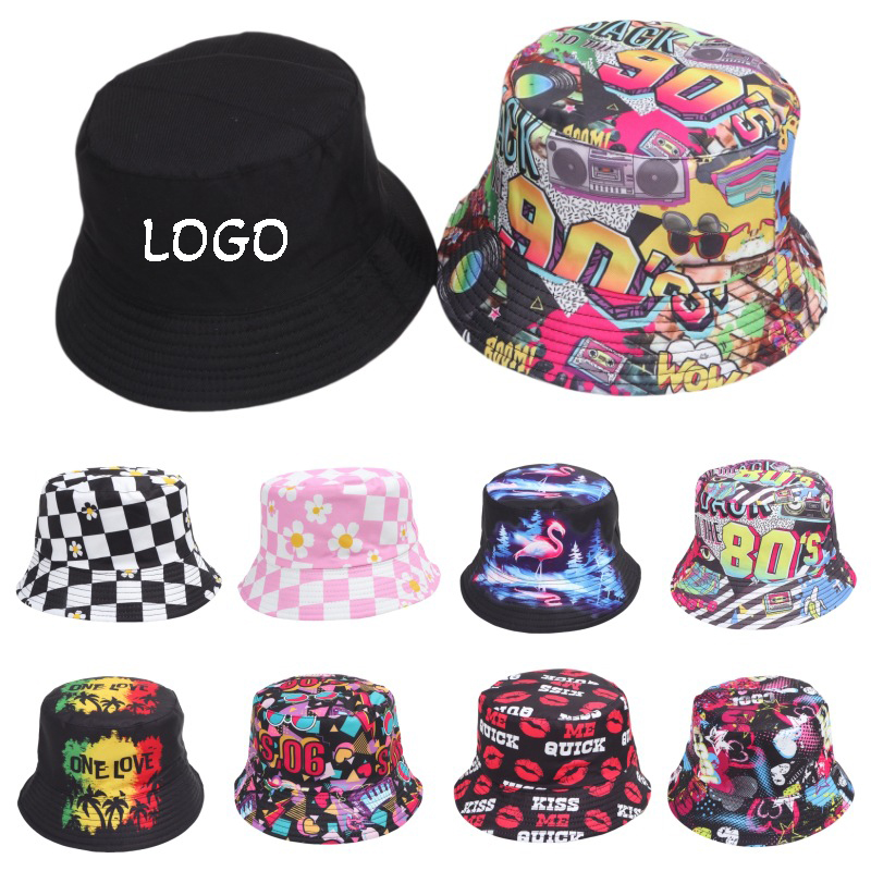 Unisex Double Sided Reversible 2 in 1 UV Protection Sun Bucket Hat Poly Summer Fishing Full Imprint
