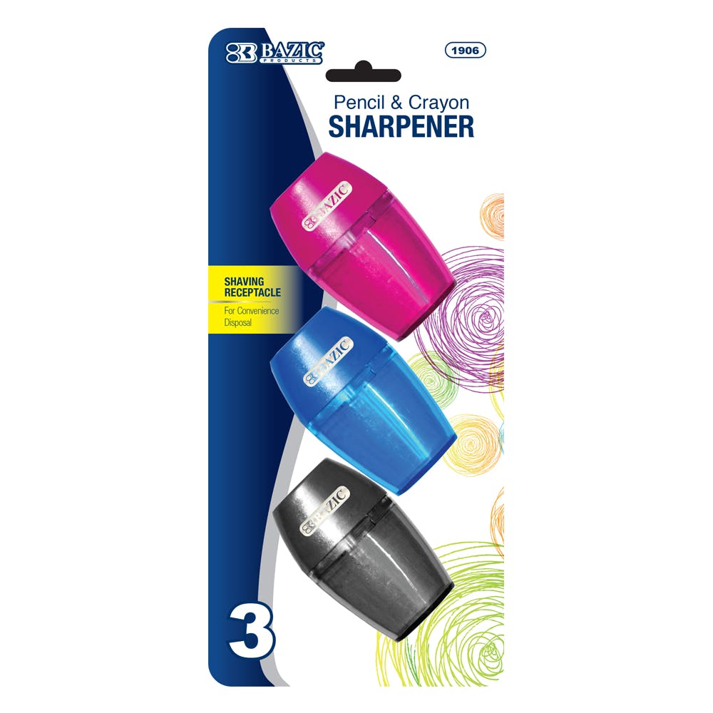 Pencil Sharpener - 3 Count Shavings Receptacle Assorted Colors 3