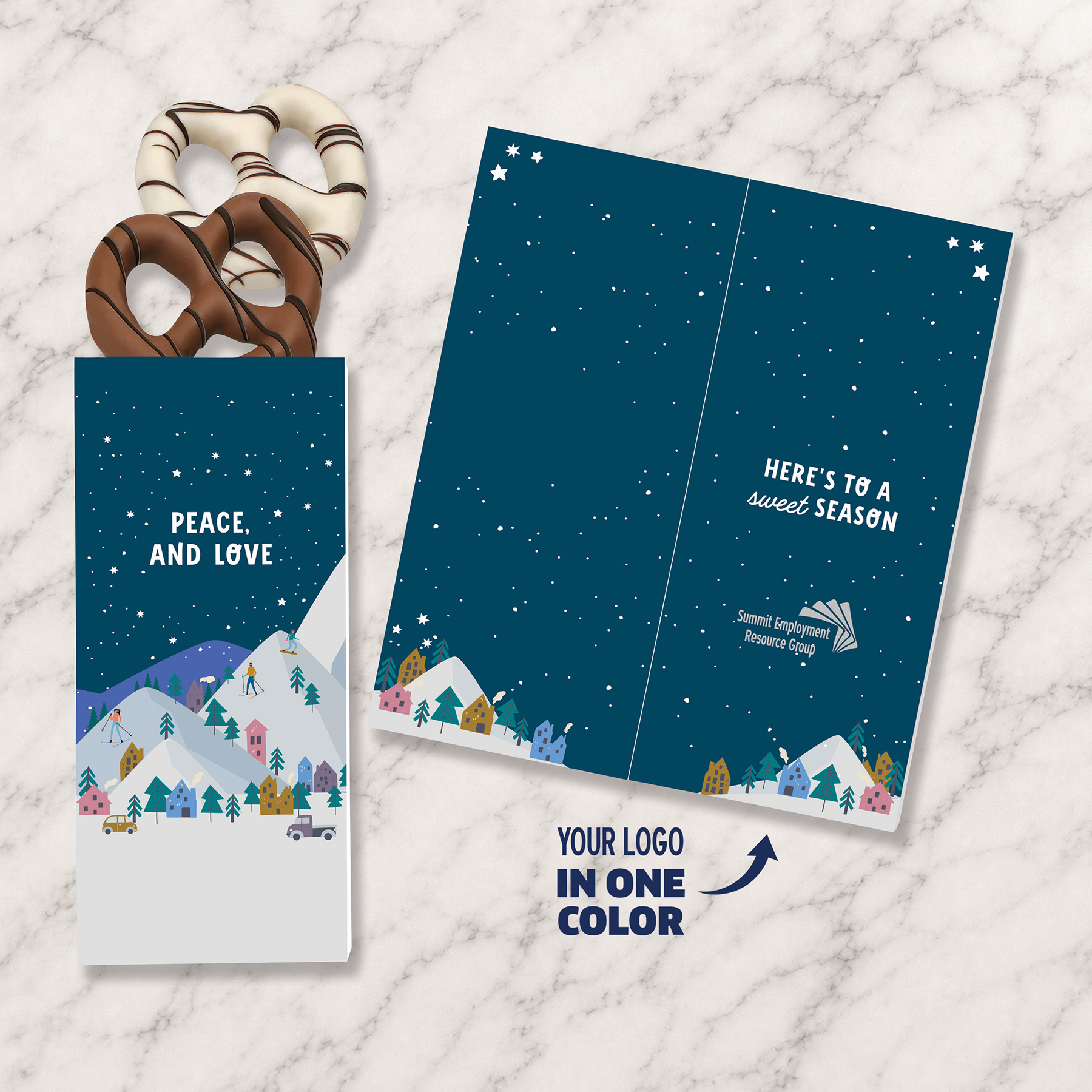 One Color Foil-Stamped Stock Holiday Sentiment Sweeter Cards with Chocolate Dipped Pretzels