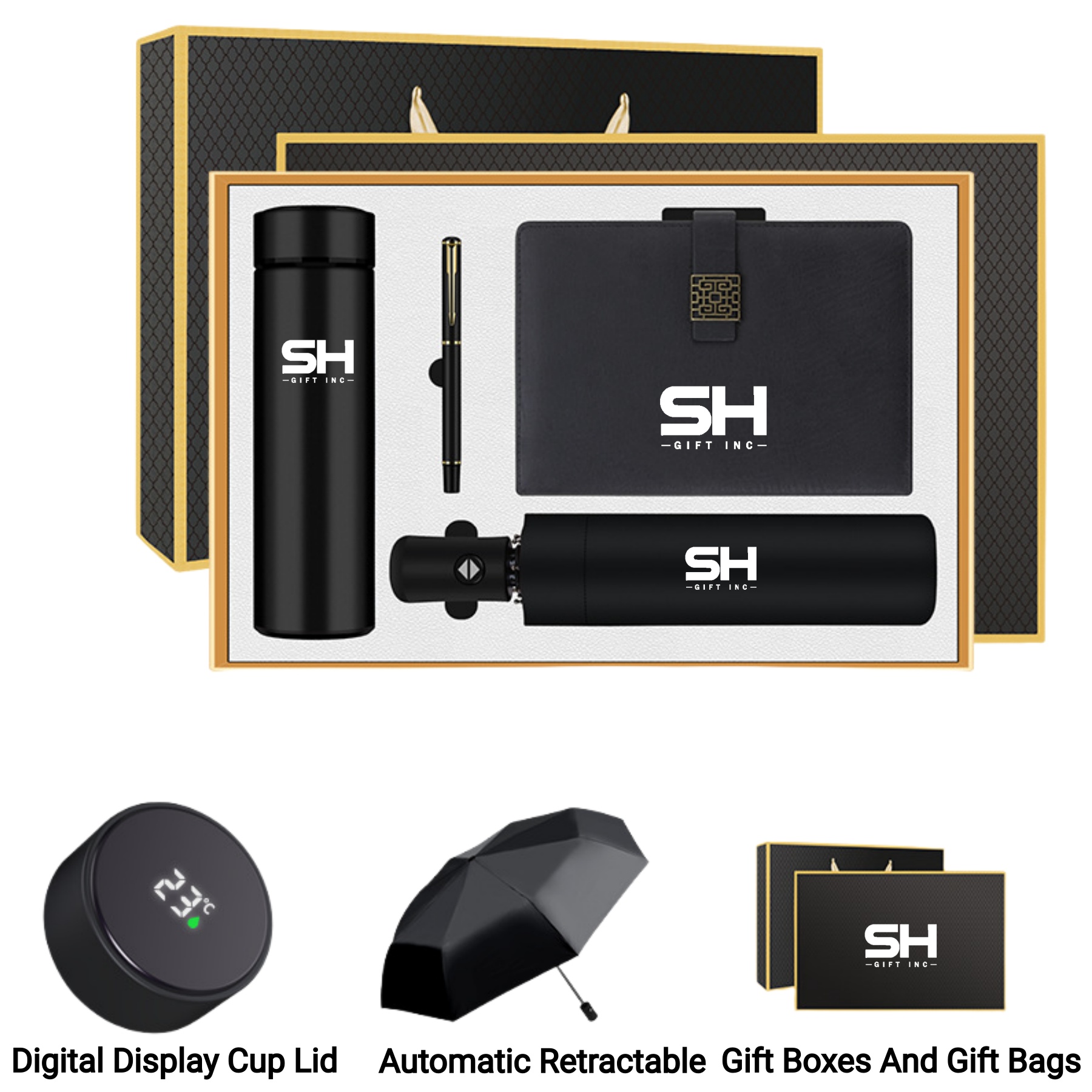 All-in-One Business Gift Bundle with Notebook, Pen, Tumbler and Umbrella