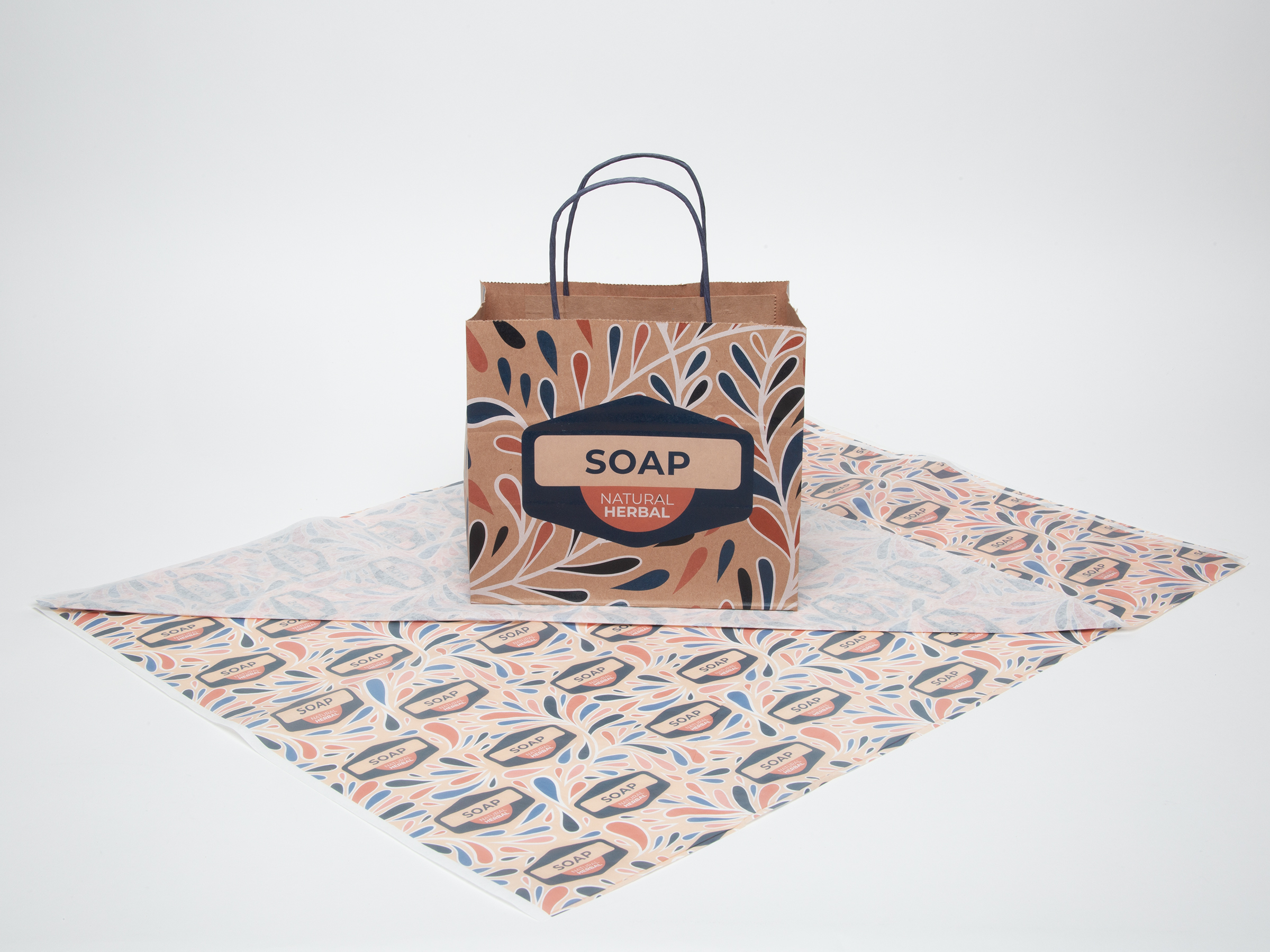7.25" Natural Brown Green Handle Shopper with Tissue Paper Bundle