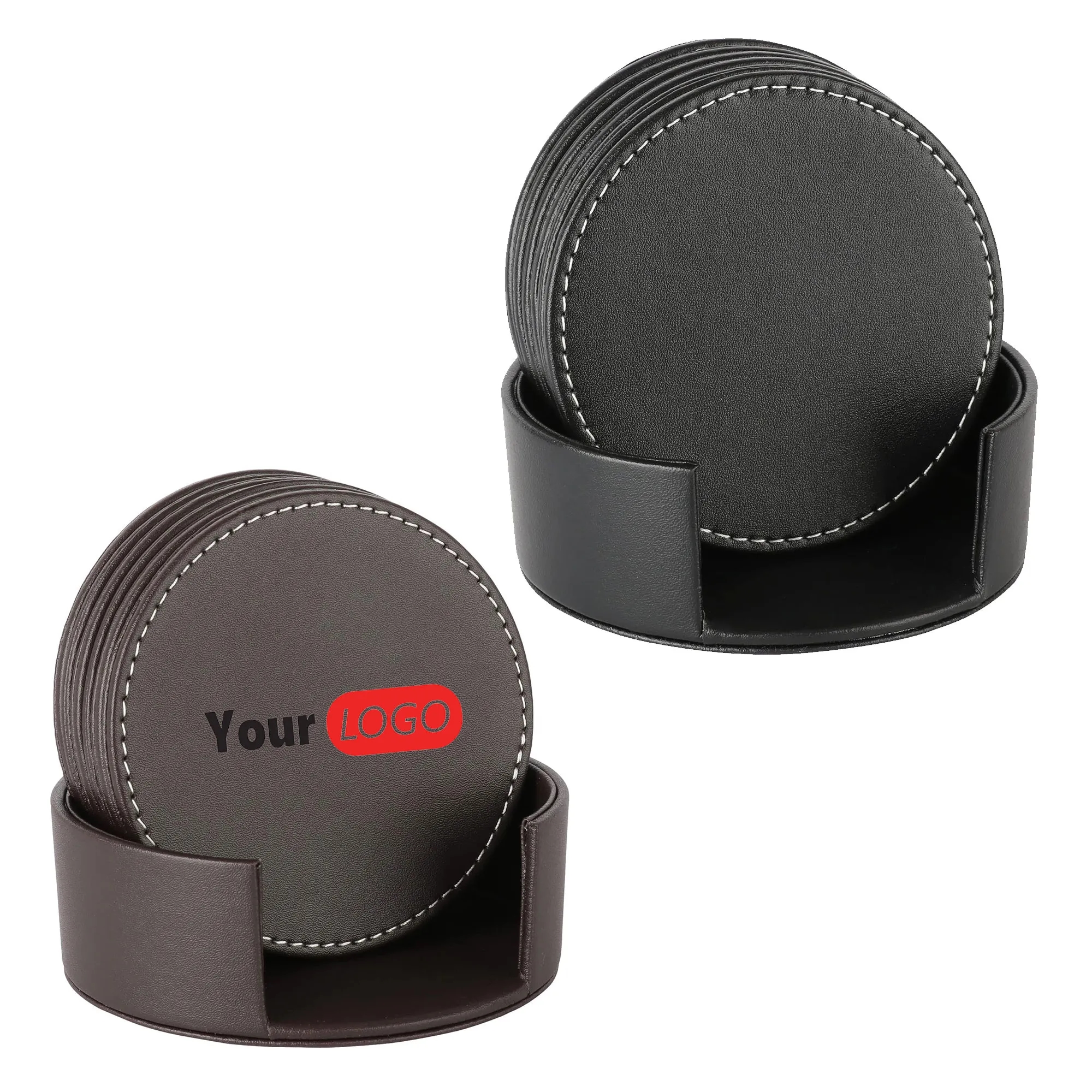 Set of 6 Round Leather Coffee Coasters
