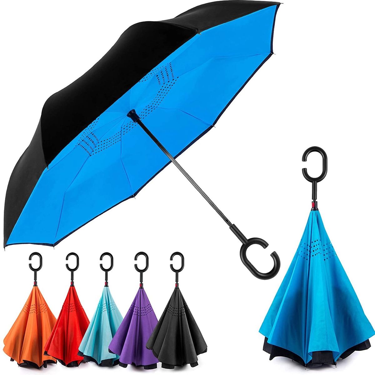 Inverted Reverse Umbrella With C Shaped Handle