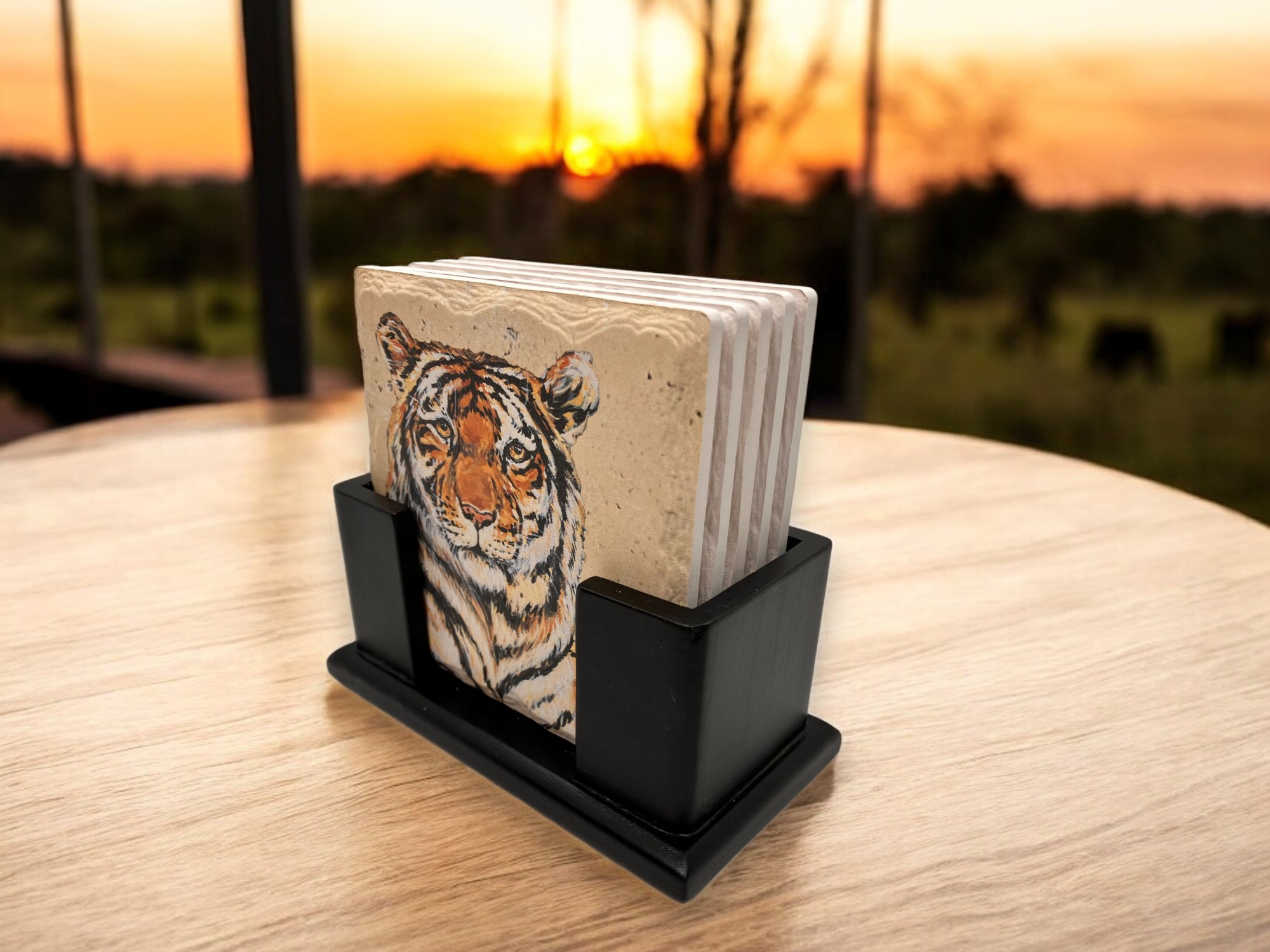 Upright Black Wooden 5 Coaster Holder Sets