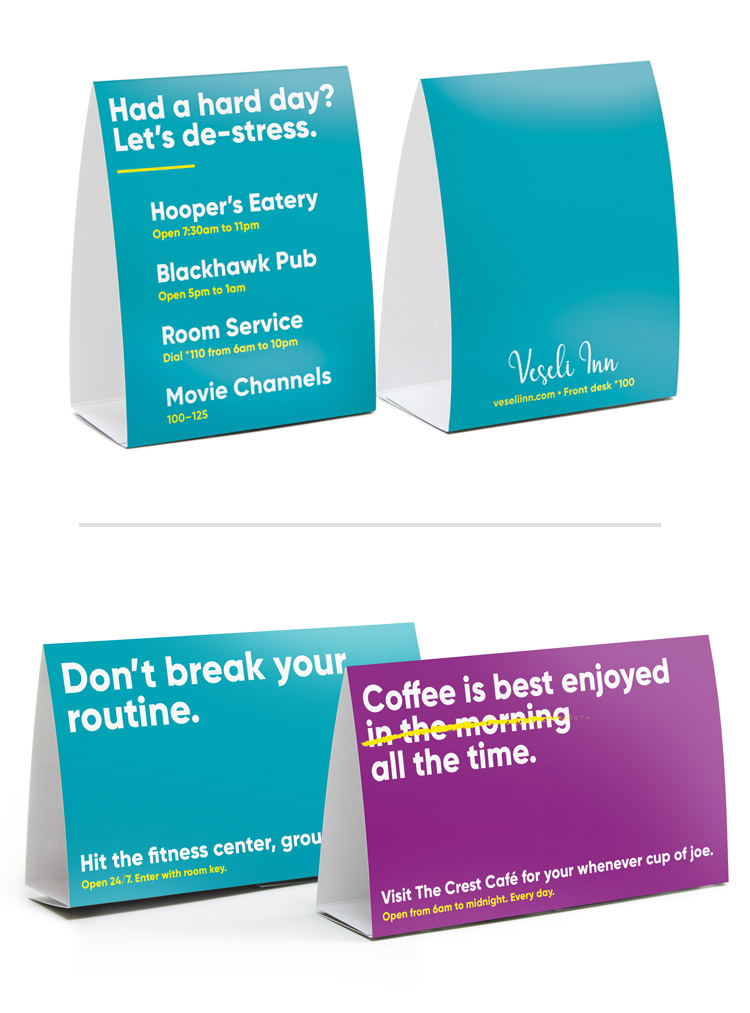 Case study for hotel using custom printed table tents to promote amenities