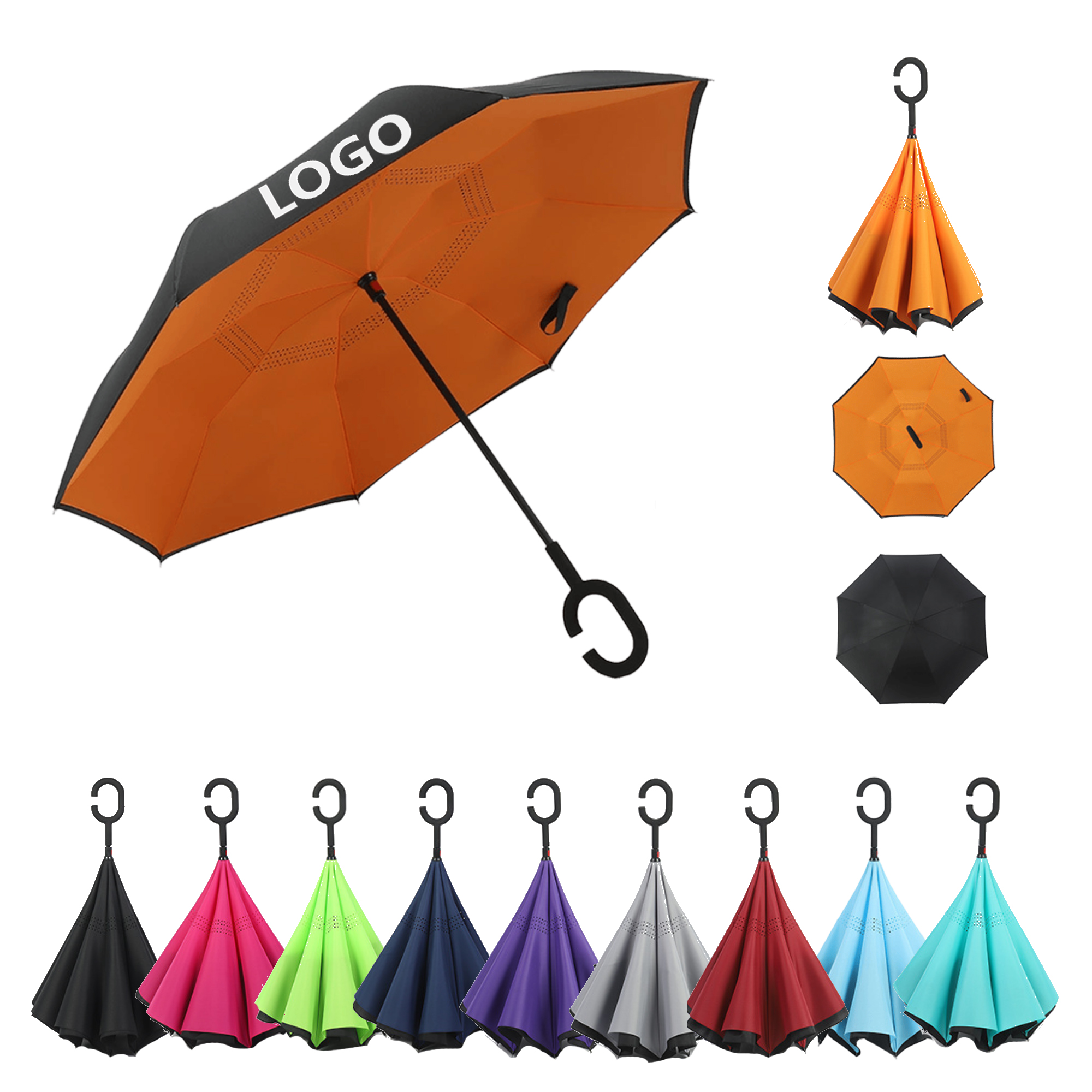 Large Inverted Reverse Umbrella C Shaped Handle Windproof