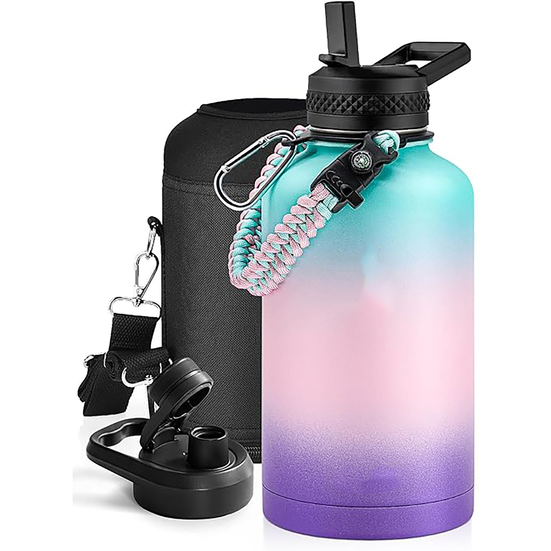 64 Oz Insulated Water Bottle with Paracord Handle and Straw Spout Lid, custom water bottle with logo imprint 32