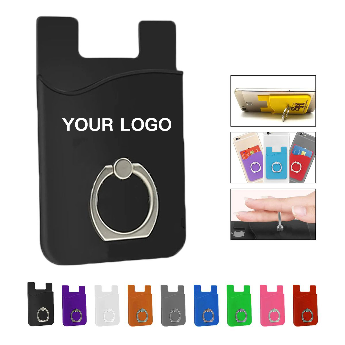 Silicone Phone Wallet Adhesive with Metal Grip Ring