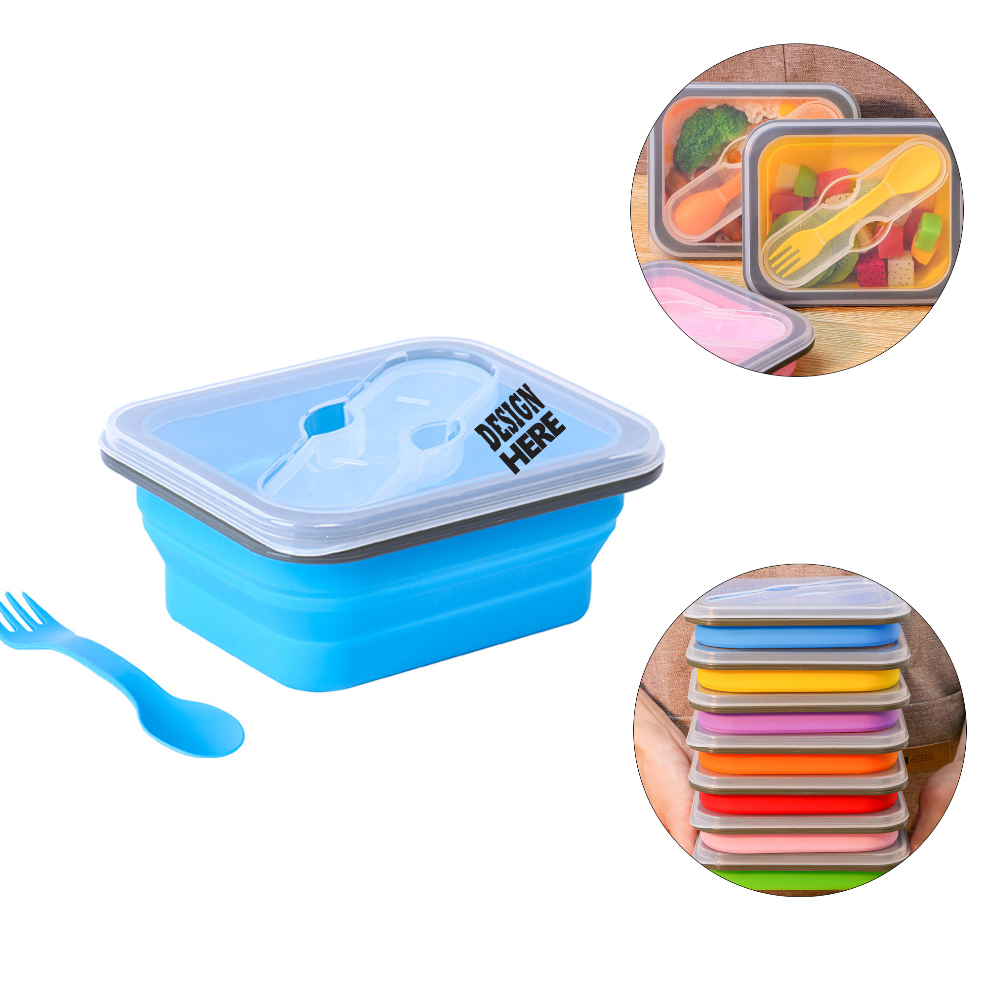 Square Silicone Folding Lunch Box With Lid And Spoon 3