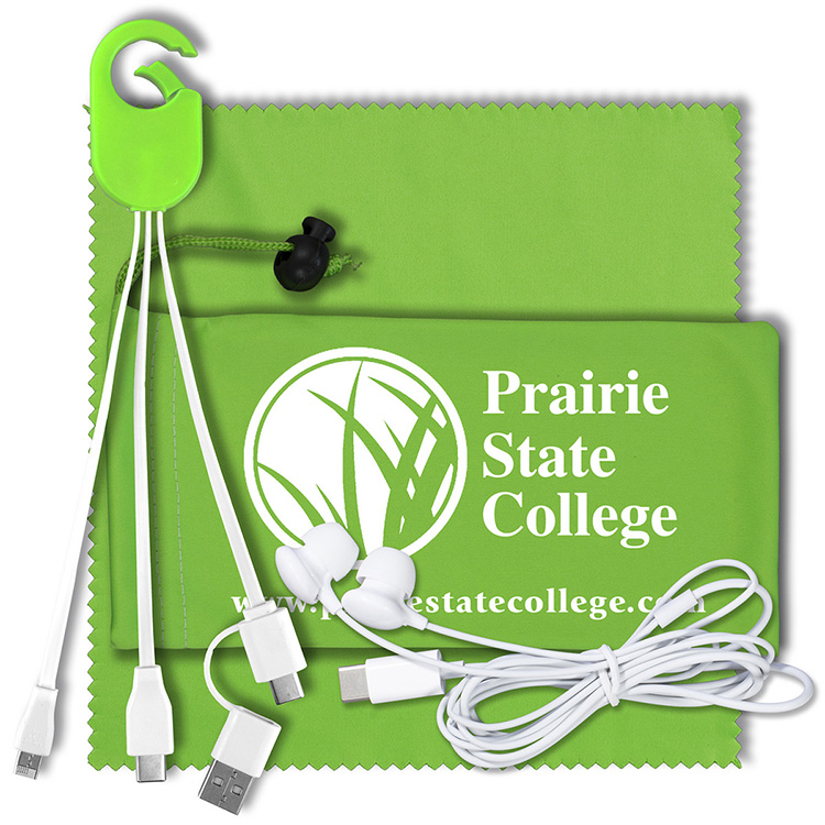 Mobile Tech Charging Kit with Earbuds in Microfiber Cinch Pouch Components inserted into Microfiber 12