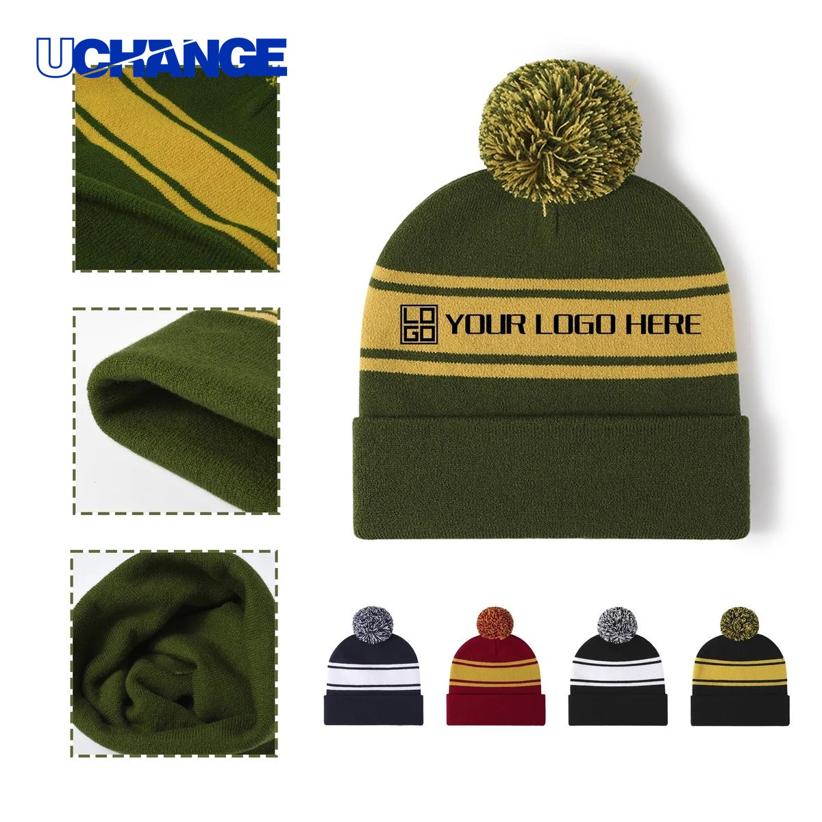 Two-Tone Knit Pom Beanie with Cuff