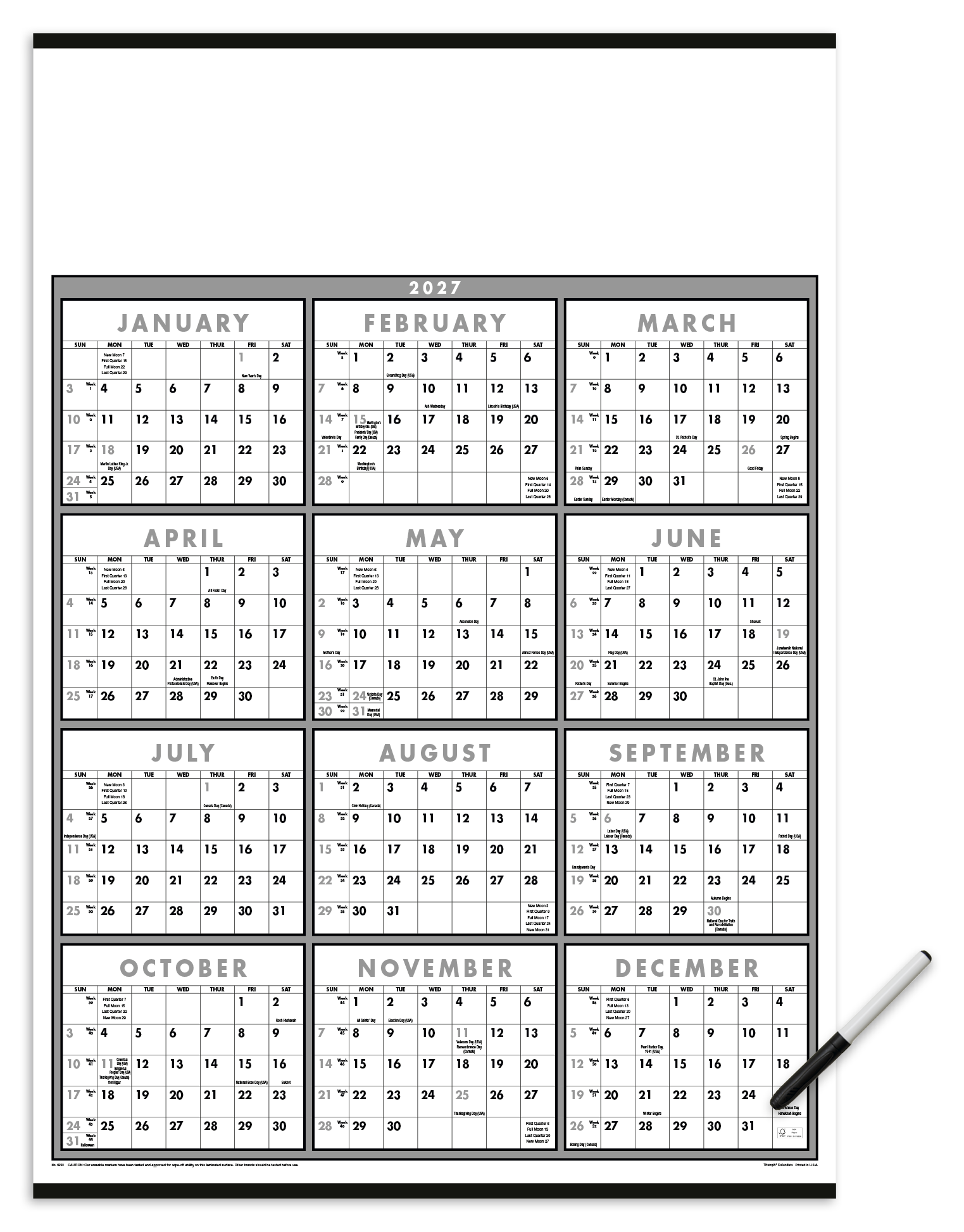 Triumph Calendars Black & White Span-A-Year Laminated w/Marker Calendar