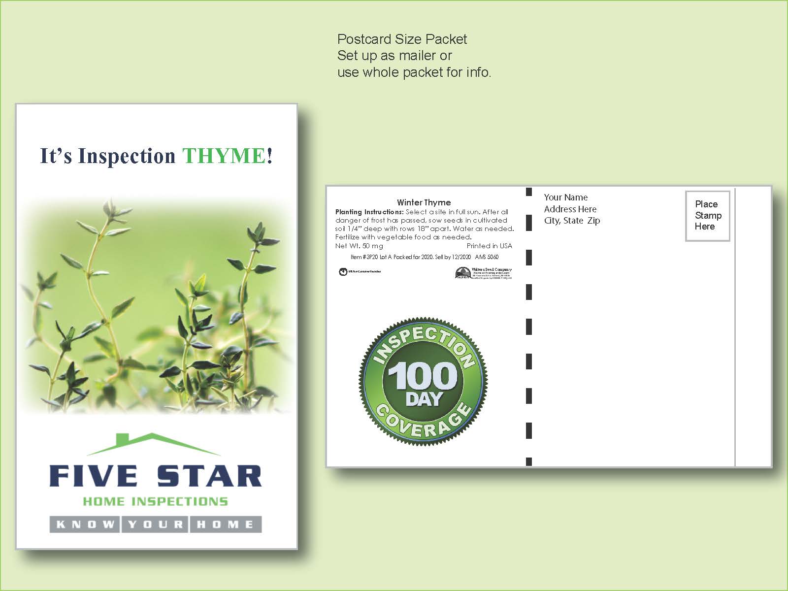 Winter Thyme Herb Seed Packet - Postcard Mailer Size 4" x 6.5"