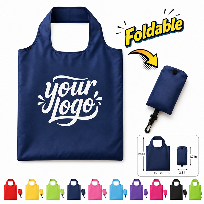 210T Polyester Foldable Shopping Tote Bag W/ Snap Pouch & Clip Hook