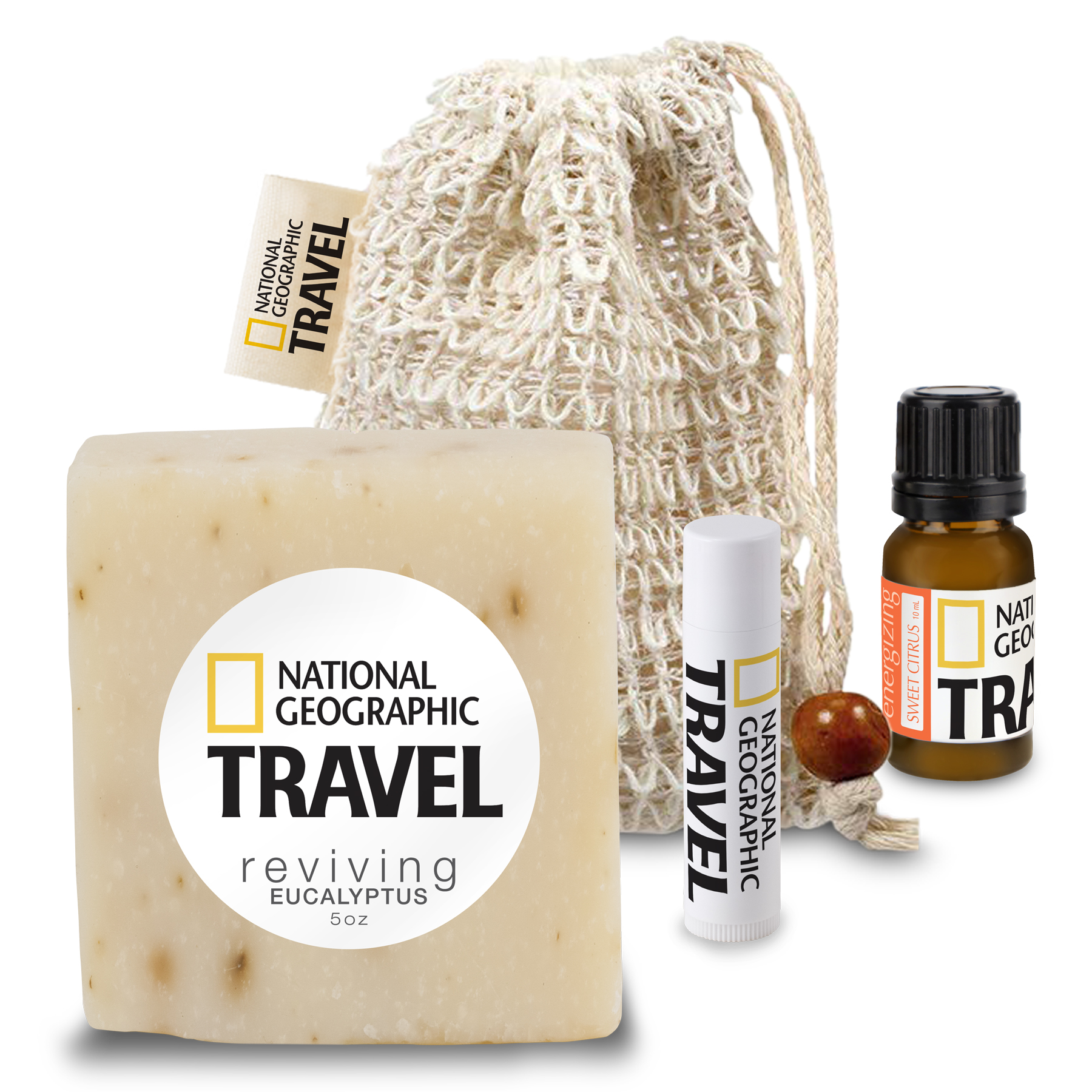Loofah Bag with Soap, Lip Balm, and Essential Oil