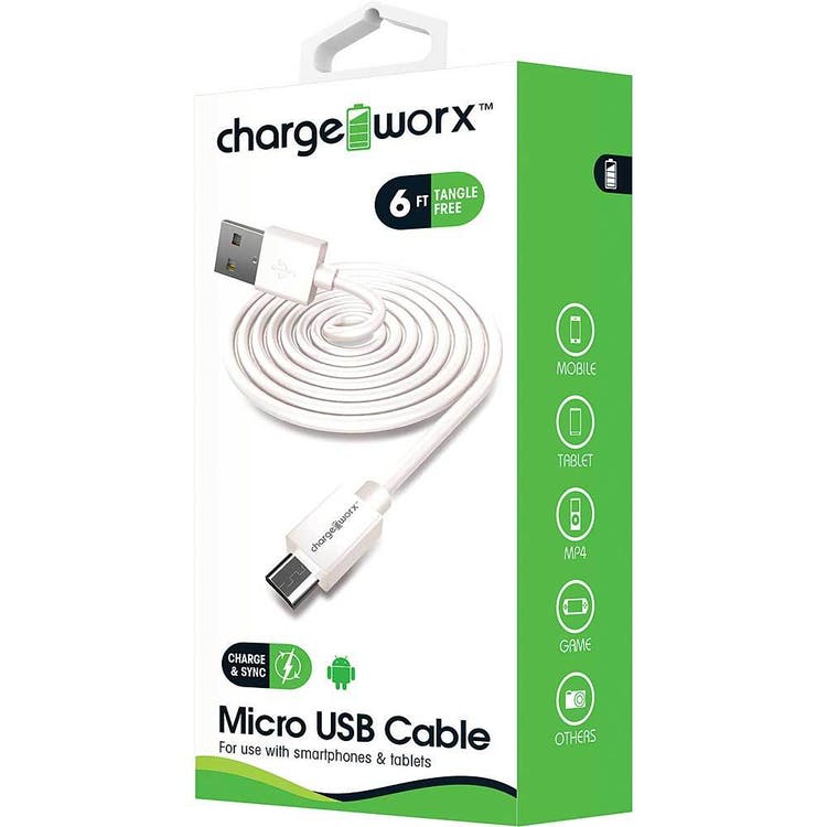 Tangle-Free Micro USB Cables - White 6' 2