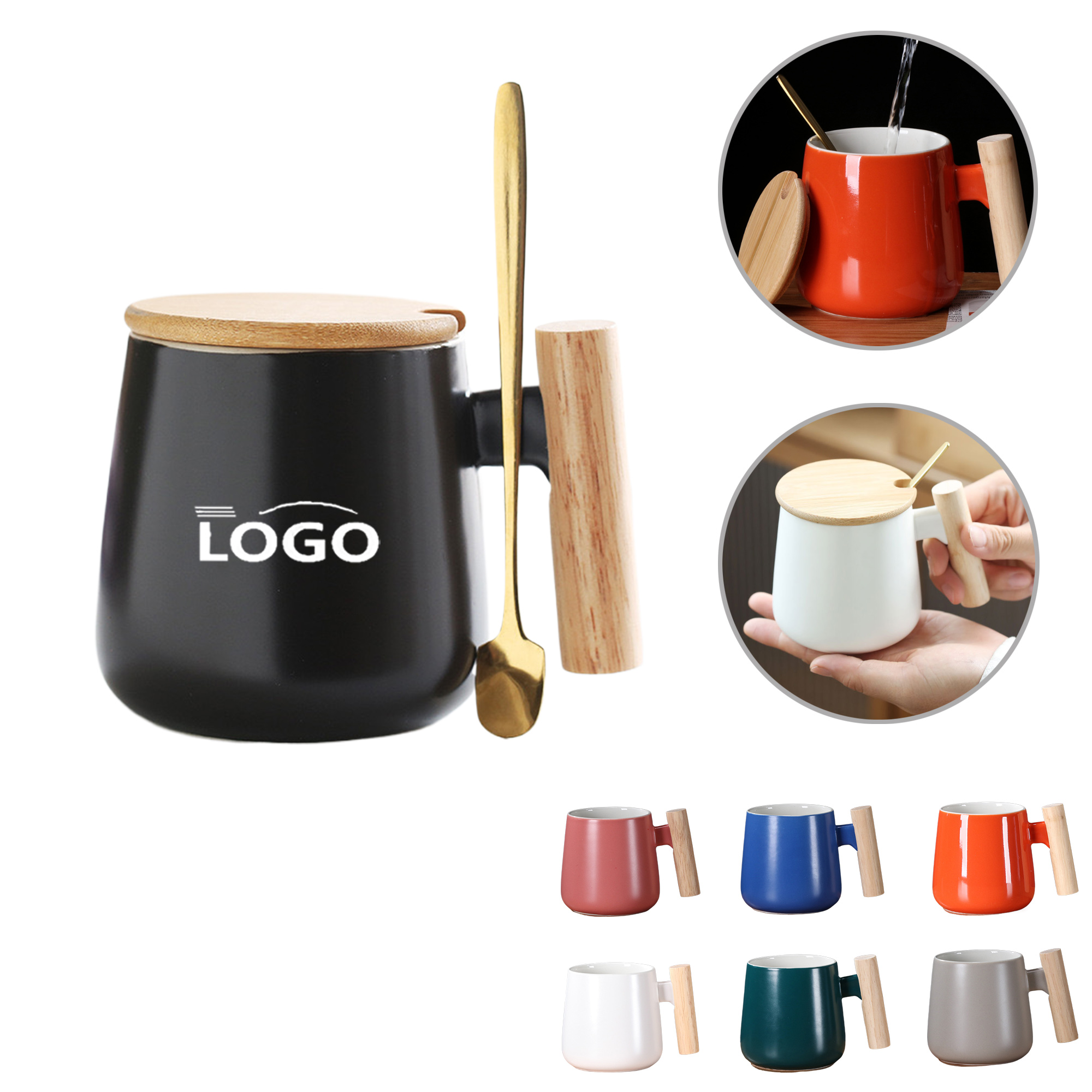 MOQ50 Simple Ceramic Mug With Wooden Handle And Spoon