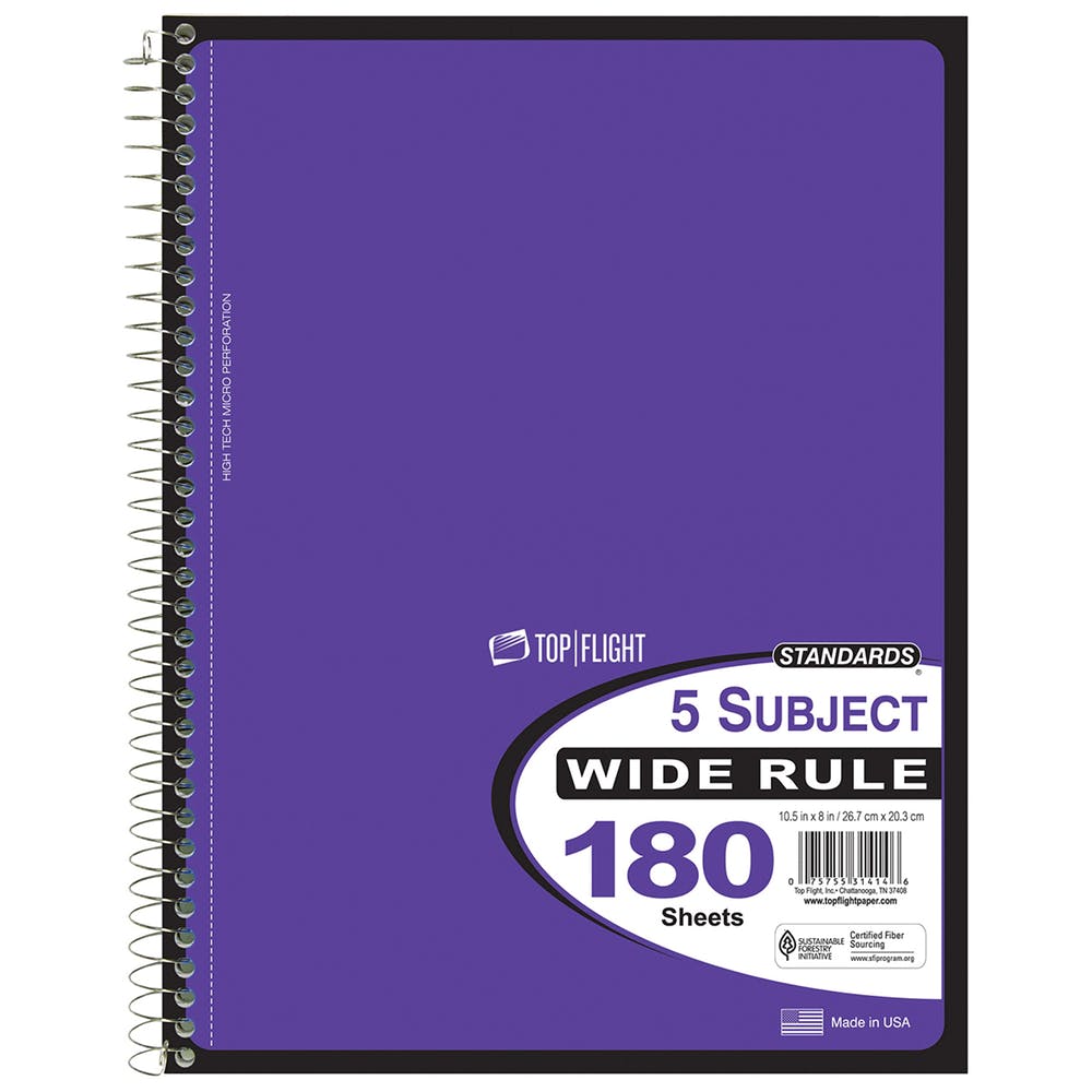 5 Subject Spiral Notebooks - Wide Ruled 180 Sheets 5 Colors 1