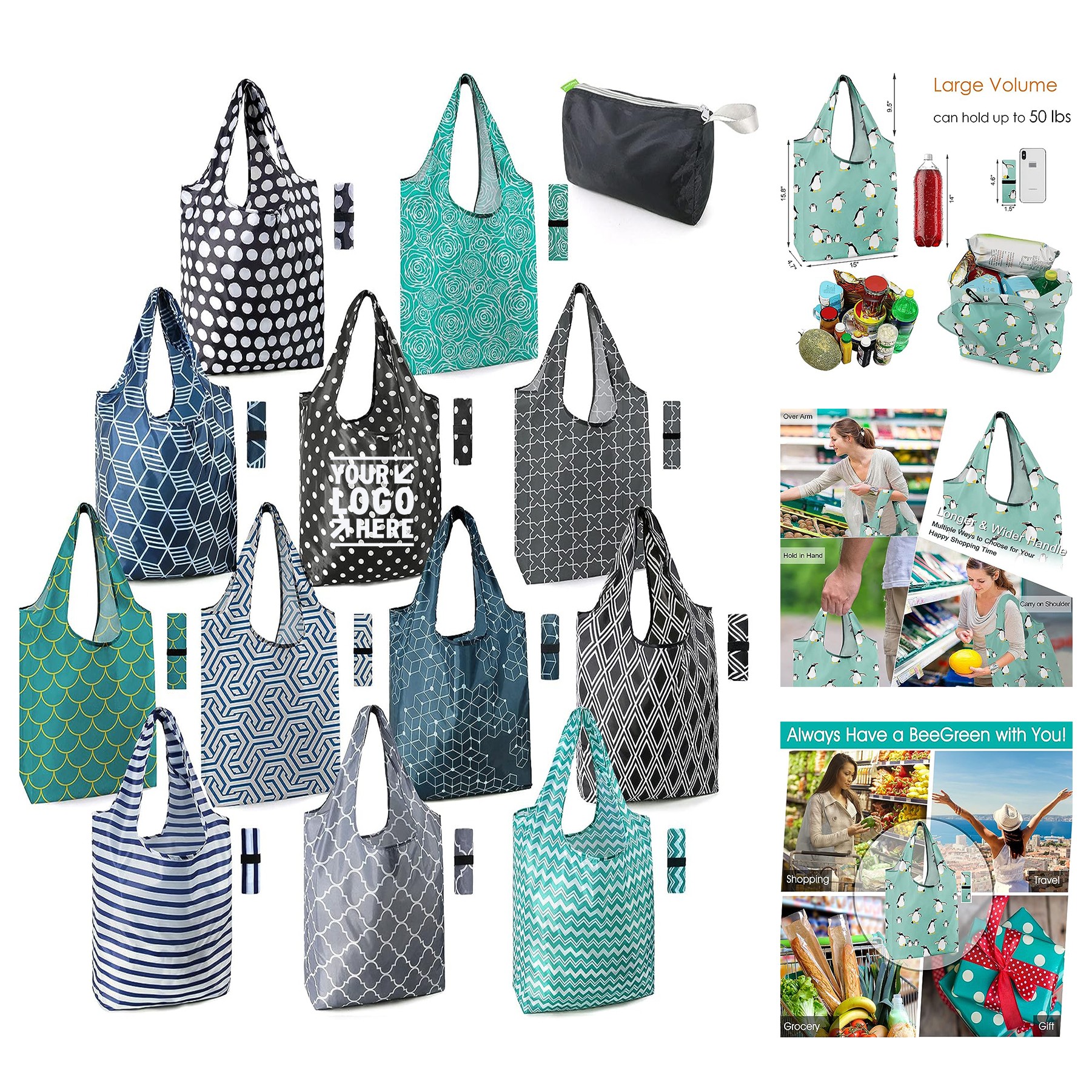 12 Pack Xlarge Reusable Grocery Washable Foldable Classic Geometric Design Gift Tote Grocery Bag