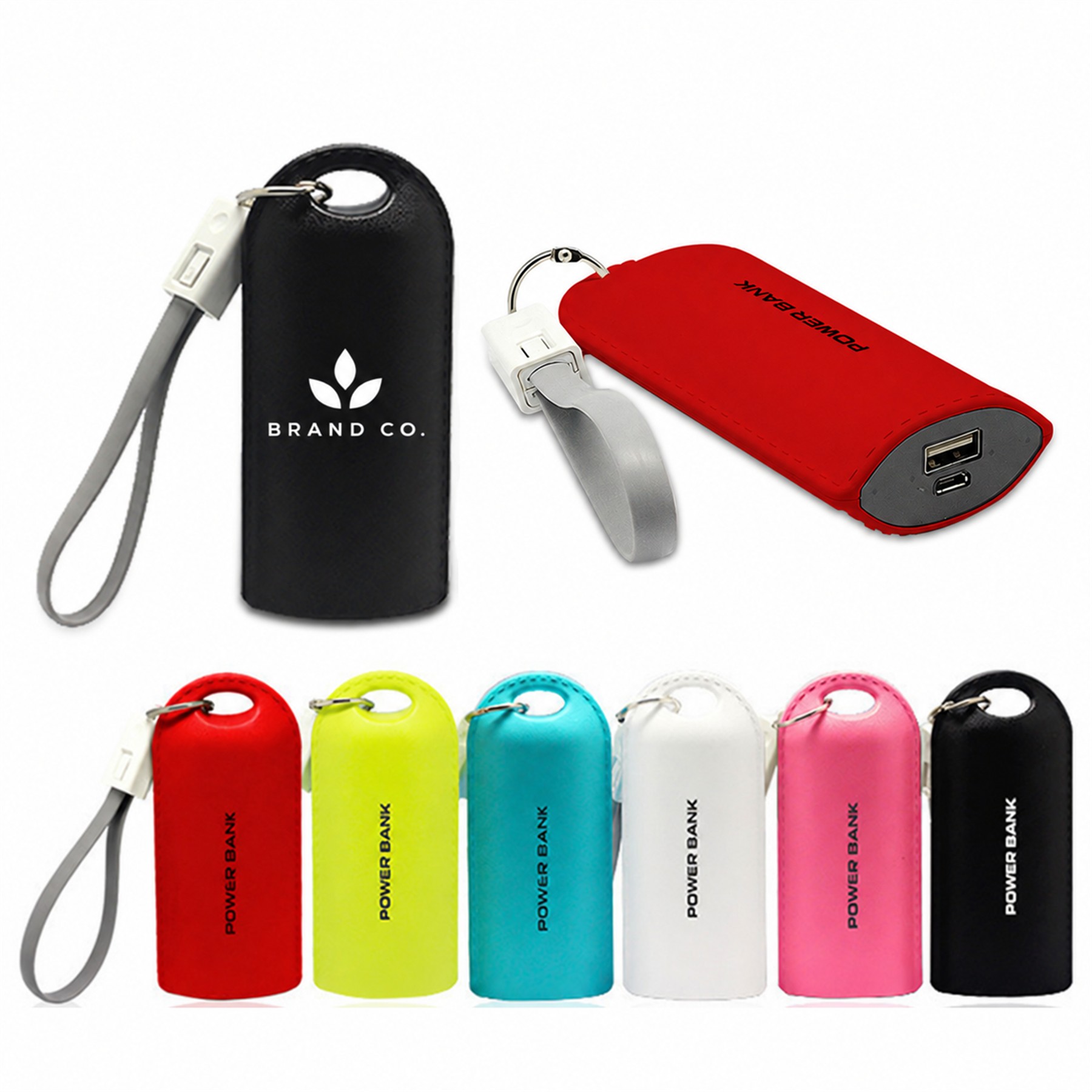 PU Leather Keychain Power Bank 5200mAh with Built-in Cable