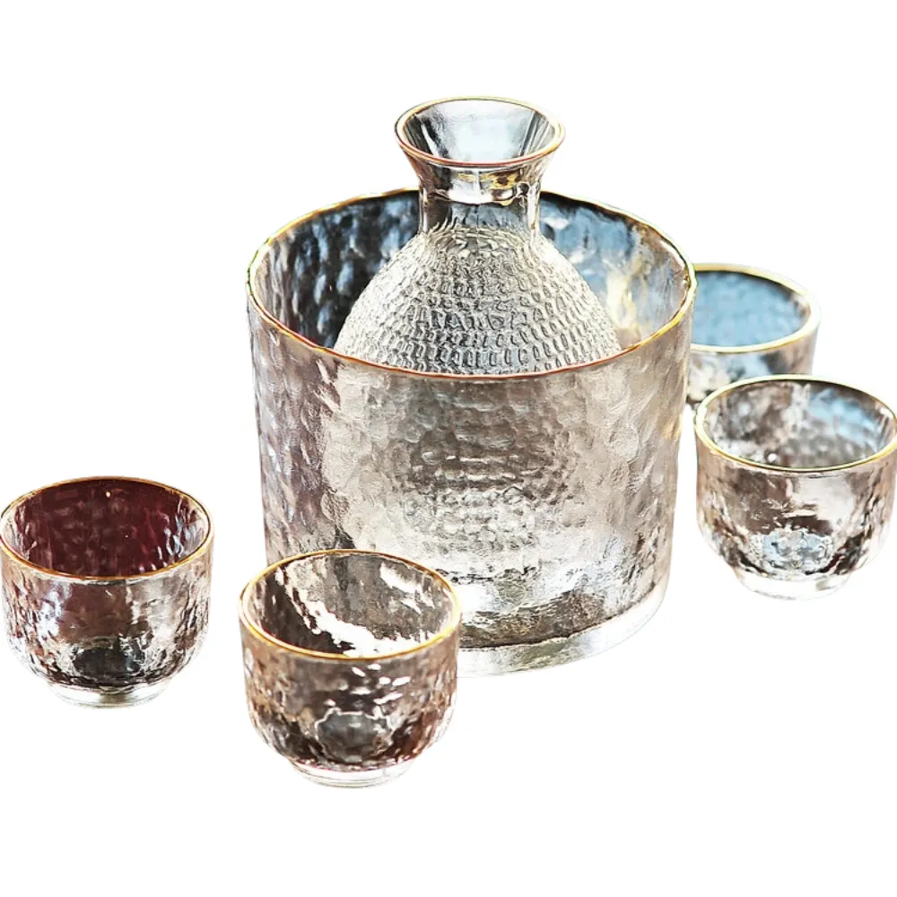 Textured Japanese Sake Set with Gold Rim 8